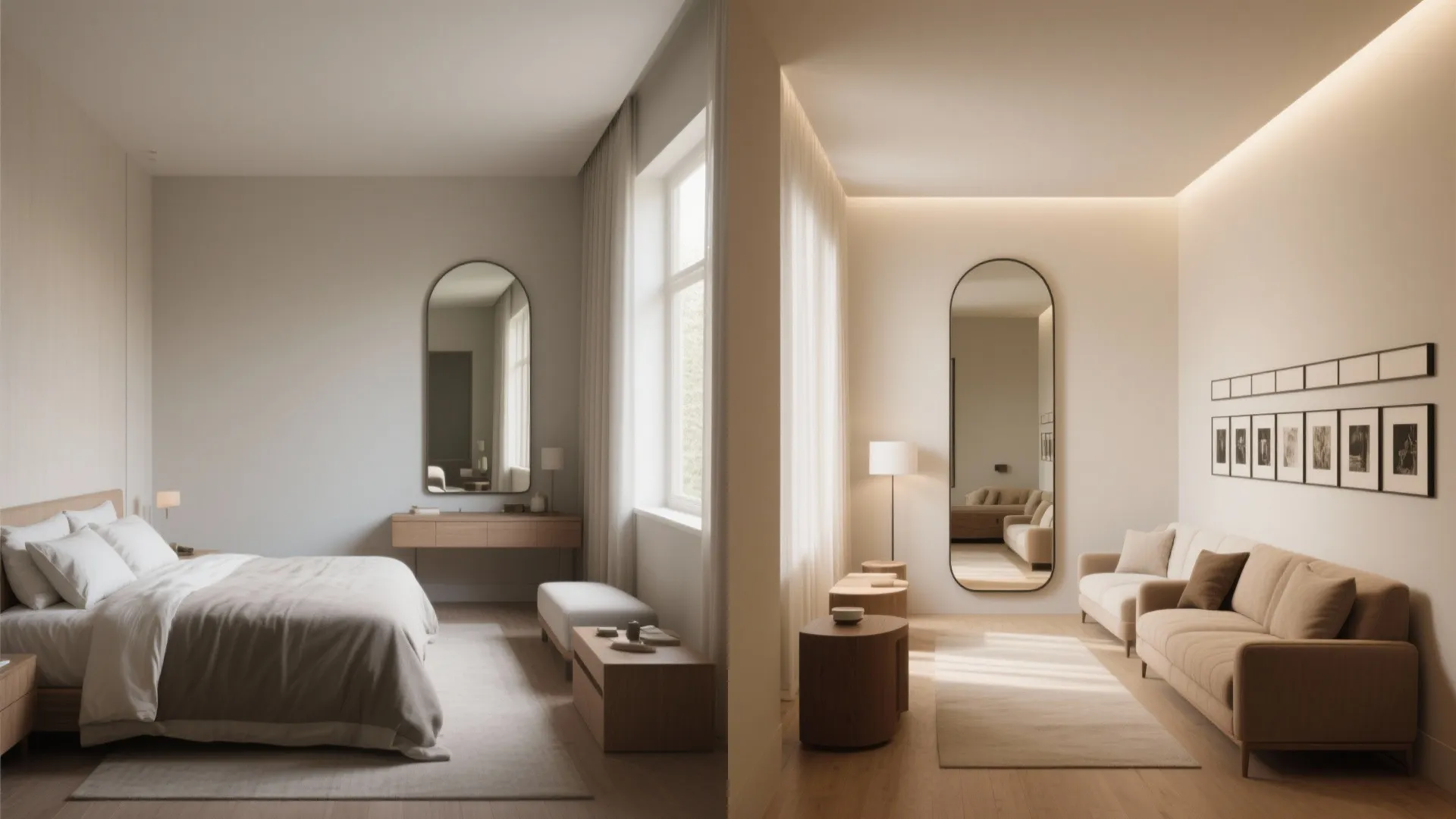 Side-by-side comparison of a bedroom and a living room both featuring large arched floor mirrors