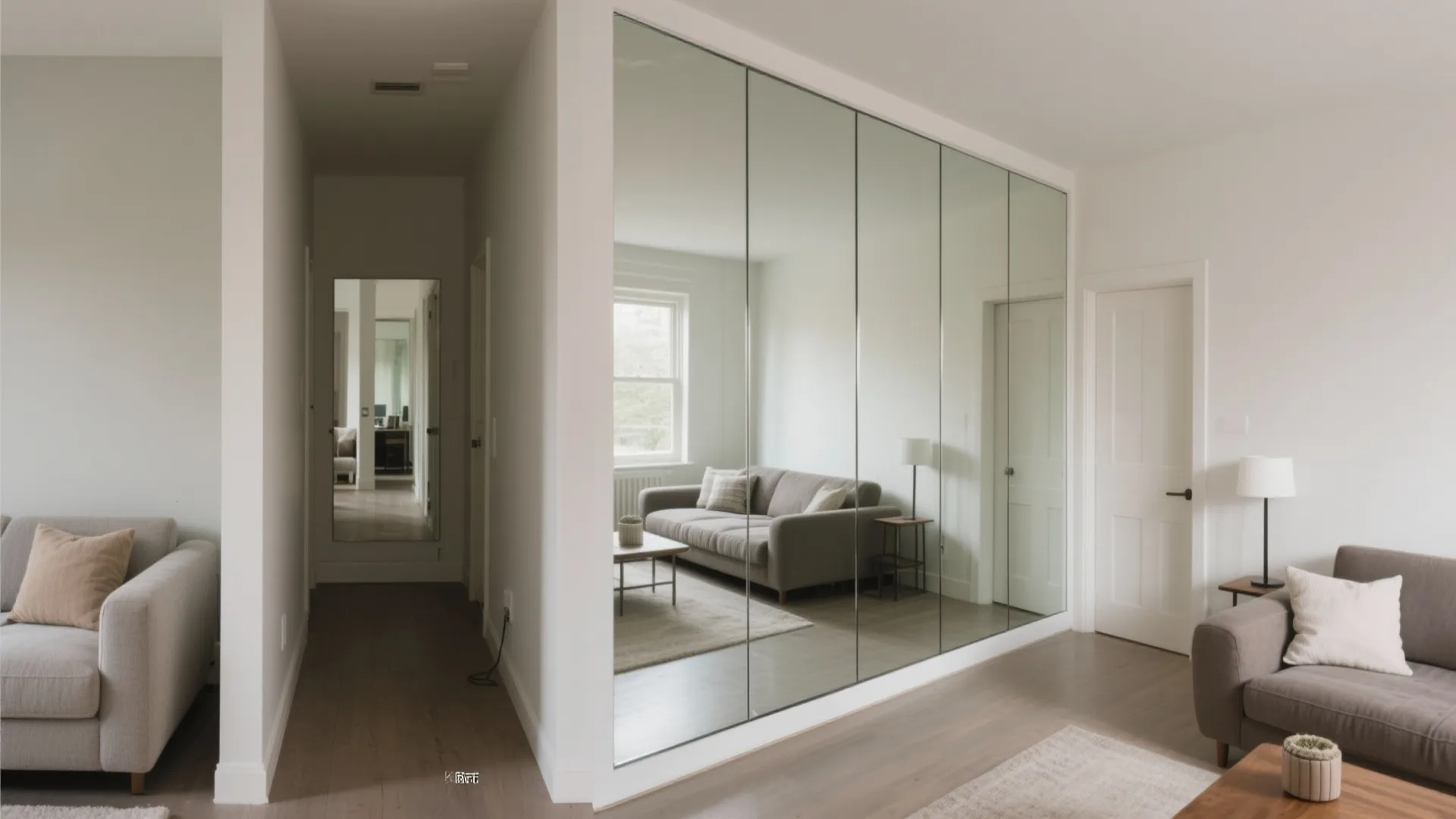 Frameless, Full-Height Mirrors Along One Wall