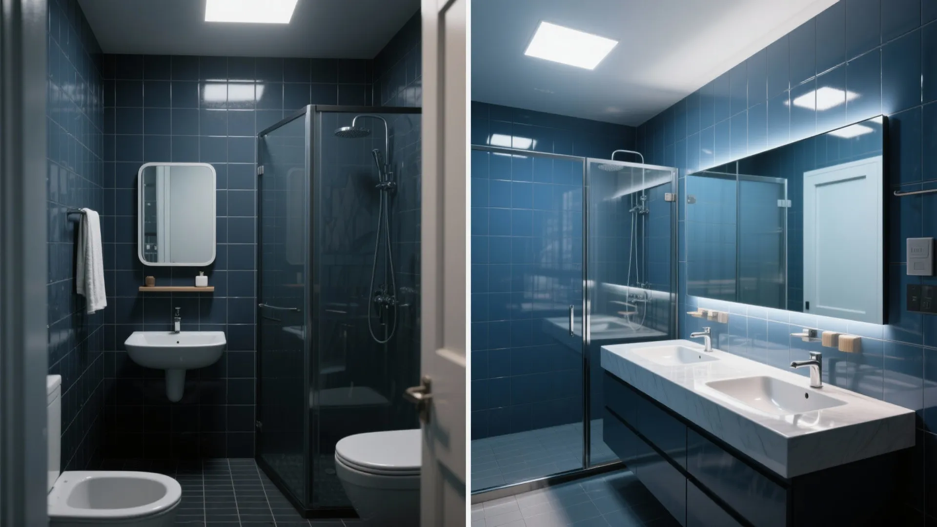 Before and after comparison of a dim bathroom mirror versus a large bright wall mirror