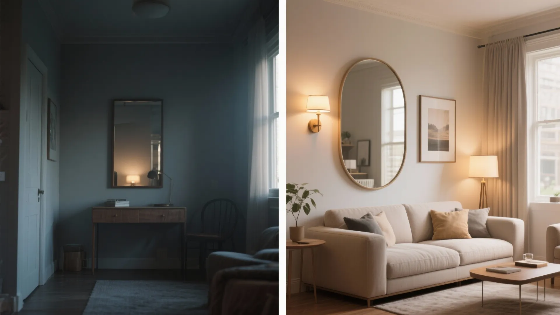 Before-and-after of a small living room showing how a mirror opposite a light source doubles perceived brightness and depth.