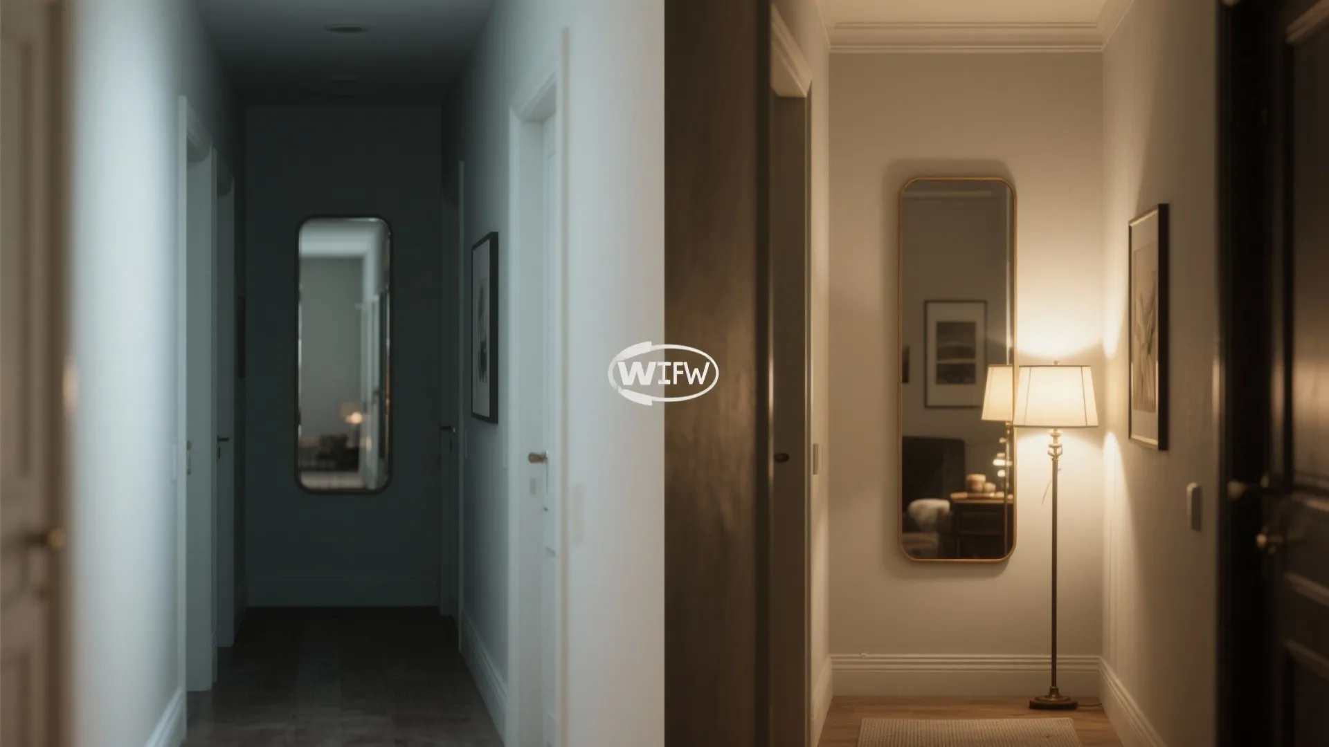 Before-and-after hallway showing mirror opposite a lamp doubling perceived brightness and adding depth.