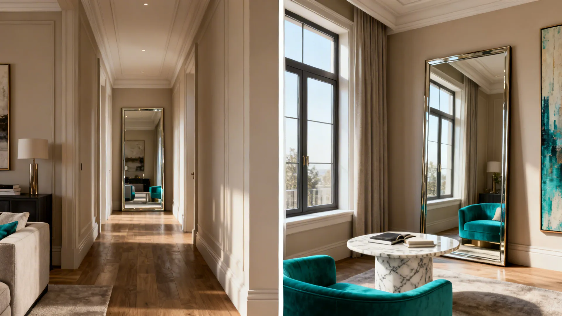 Before and after: mirror placement opposite a window doubles perceived depth in a small living room.