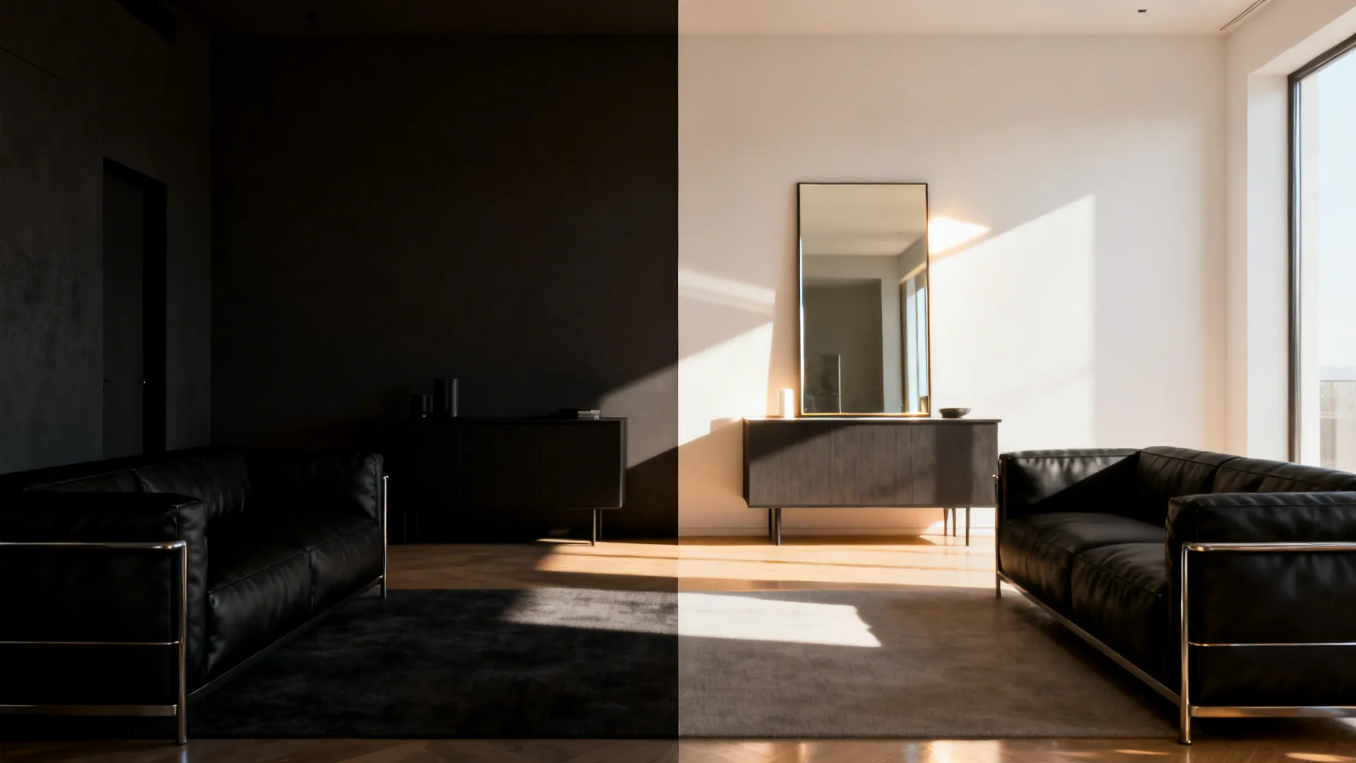 Before and after: light walls and mirror double perceived space with black furniture