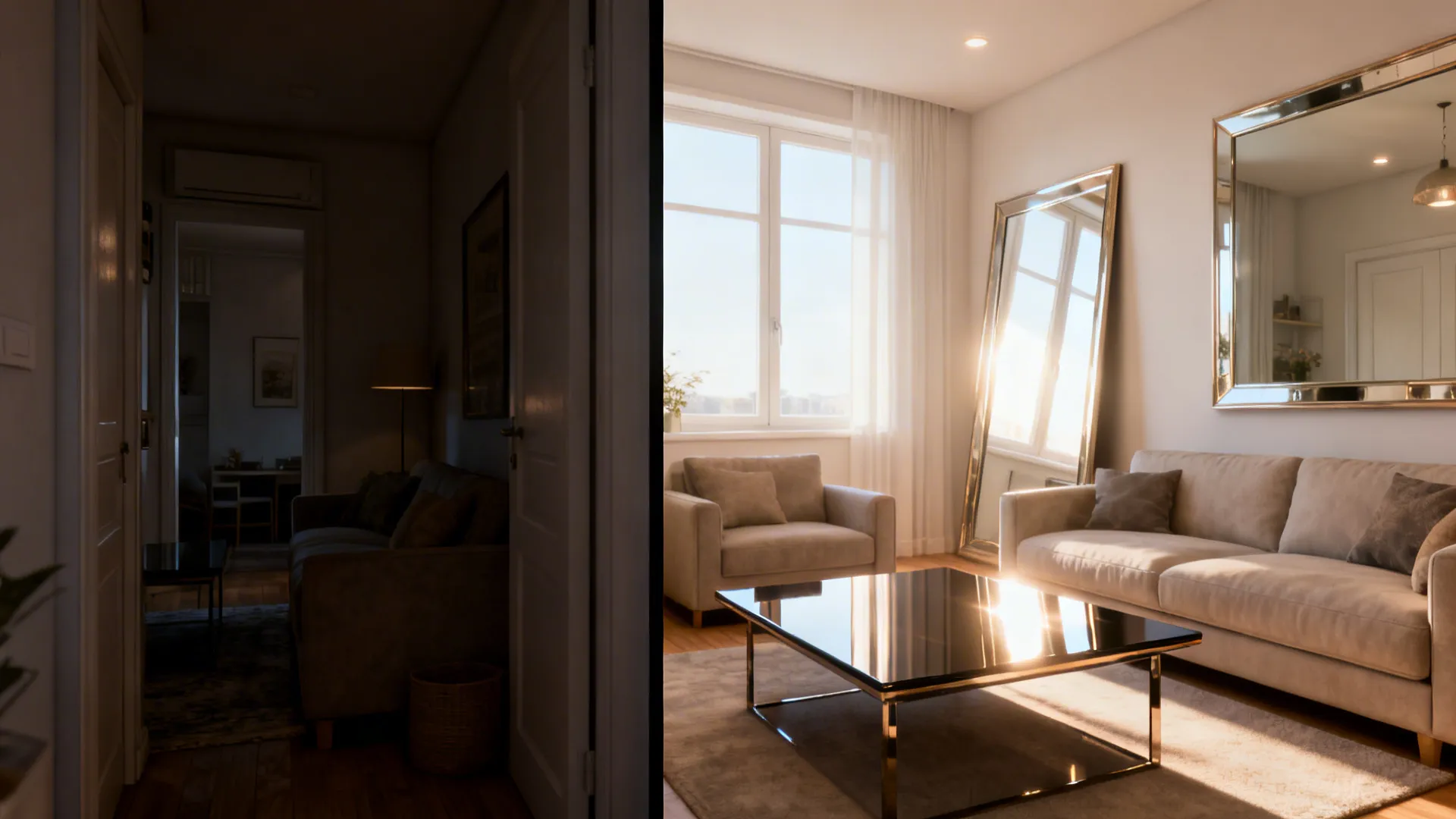 Before and after of a small living room showing how a mirror and glossy table increase perceived volume.