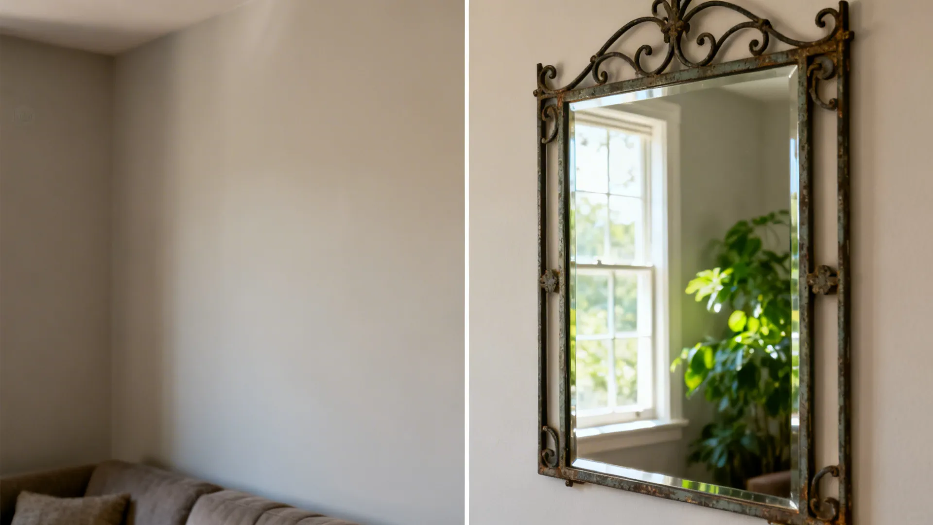 Before-and-after of a living room wall transformed by a large iron-framed mirror.