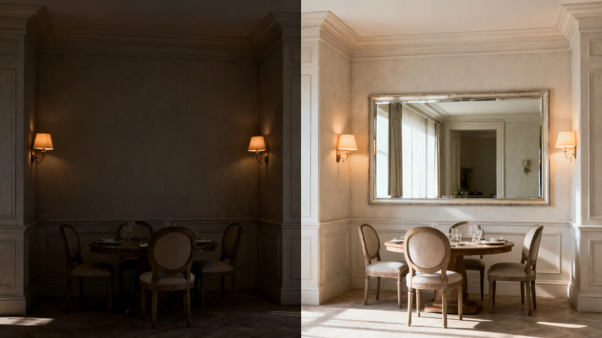 Before-and-after showing a dining nook brighter with a large mirror and light finishes.