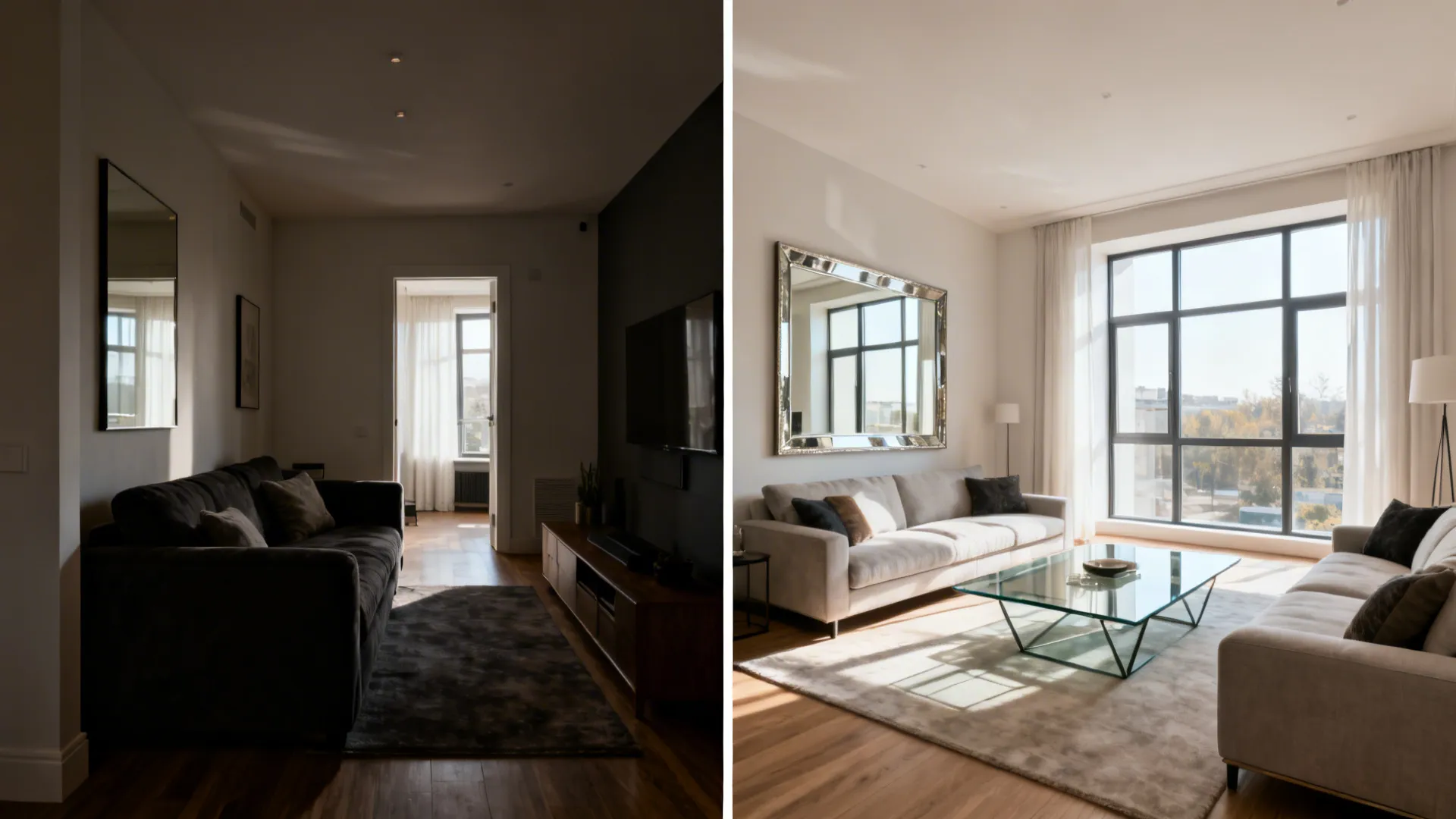 Before-and-after of a tiny living room transformed with a mirror and low-contrast palette.