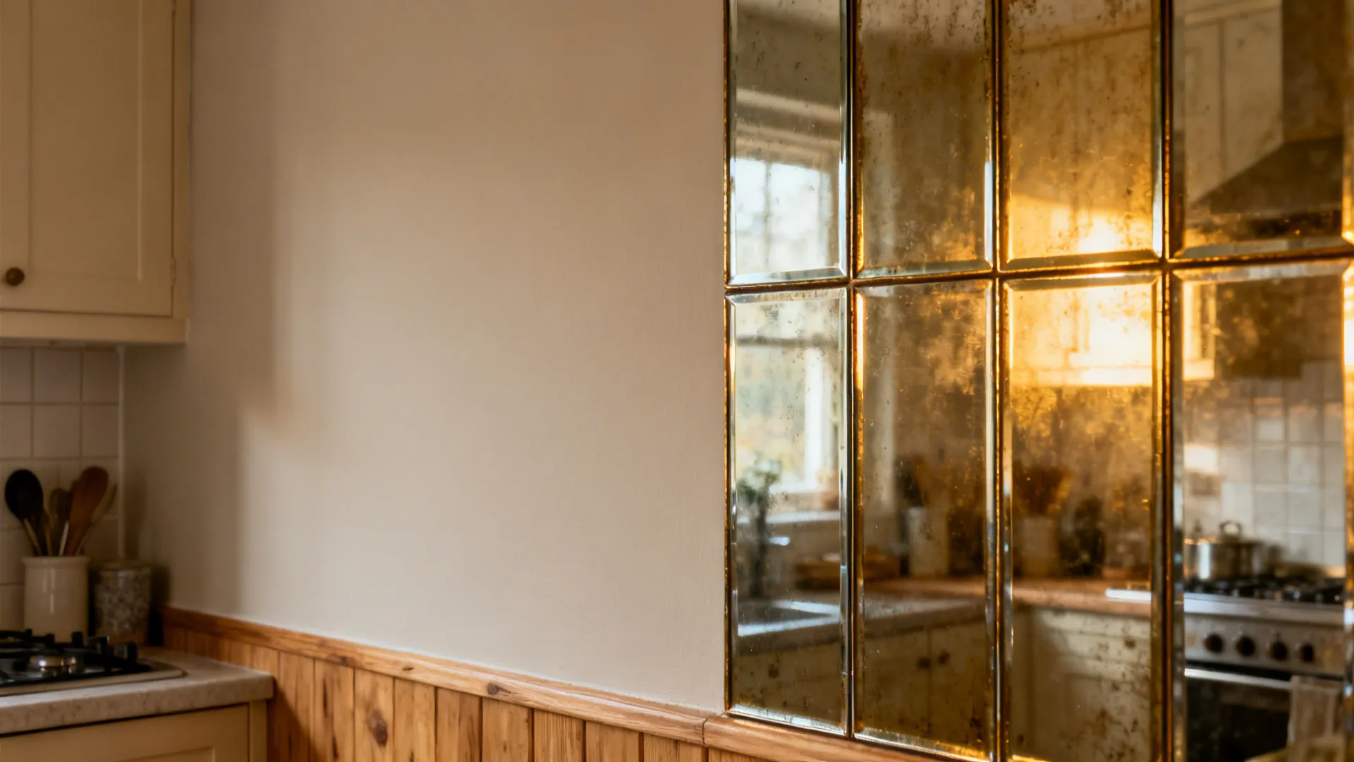 Before and after comparison adding antique mirror backsplash to an oak kitchen wall.