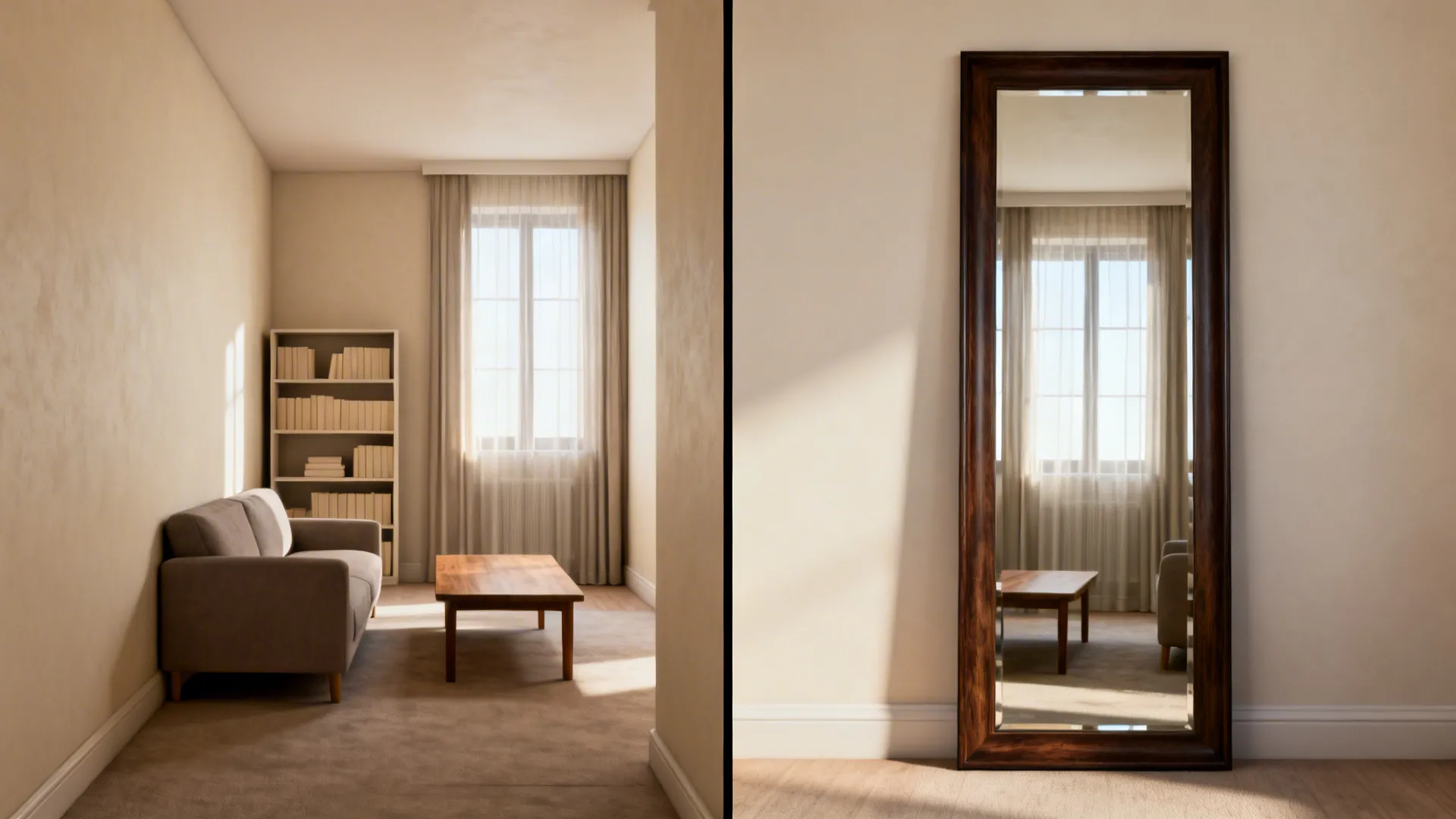 Before and after of a small living room with a large floor mirror that amplifies light and depth.