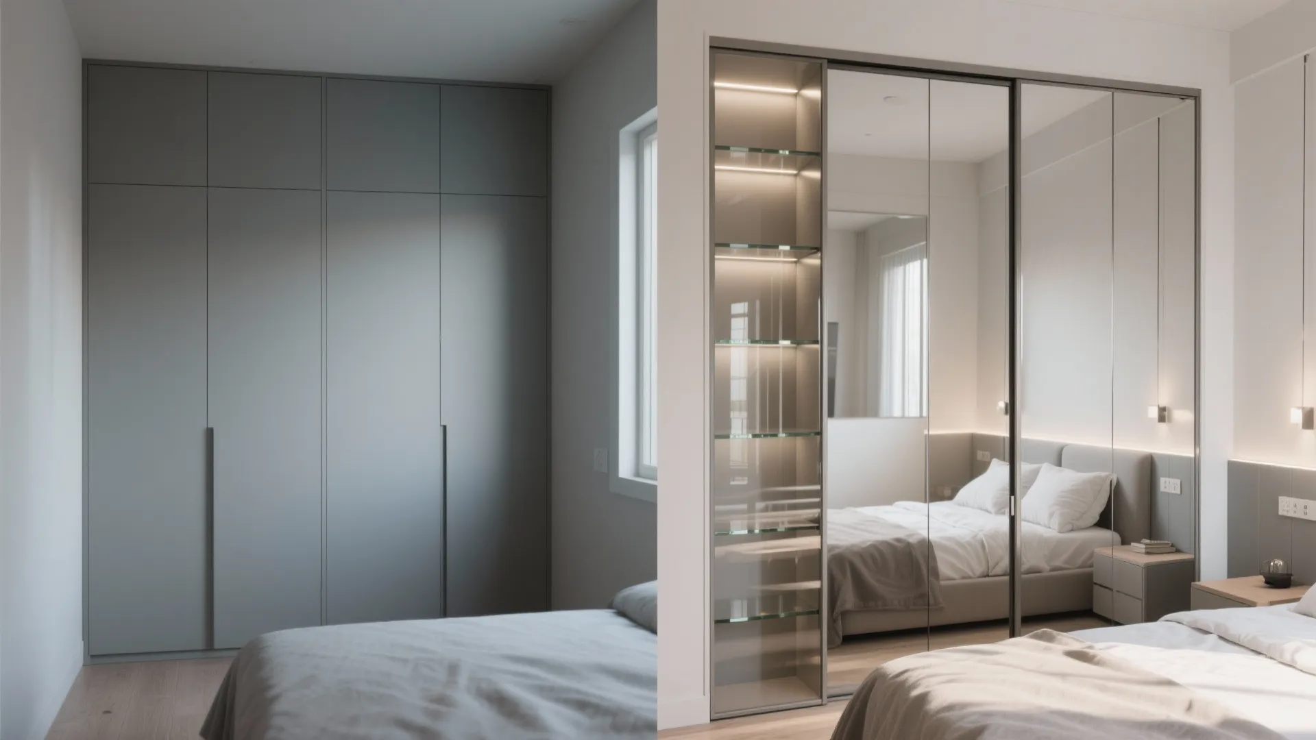 Mirrored doors with vertical glass shelving