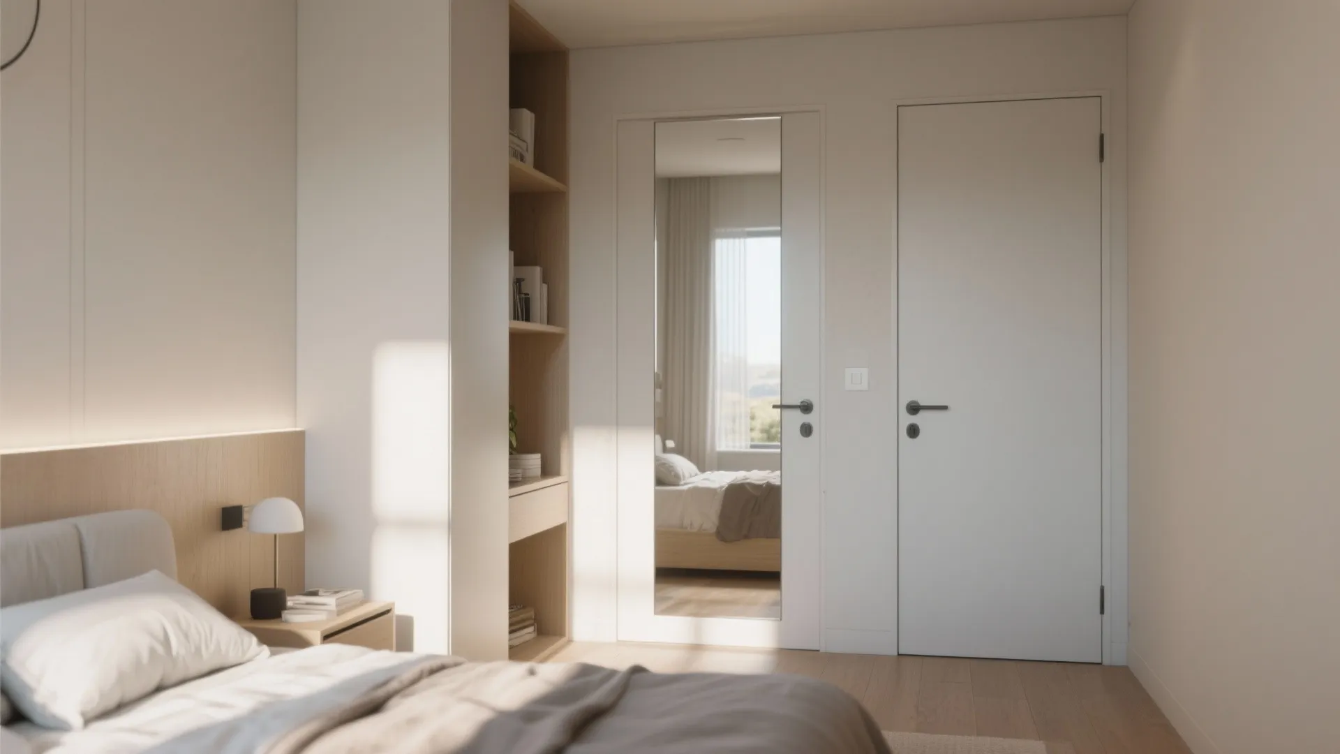 Interior view showing a white door with a full length mirror attached on the back