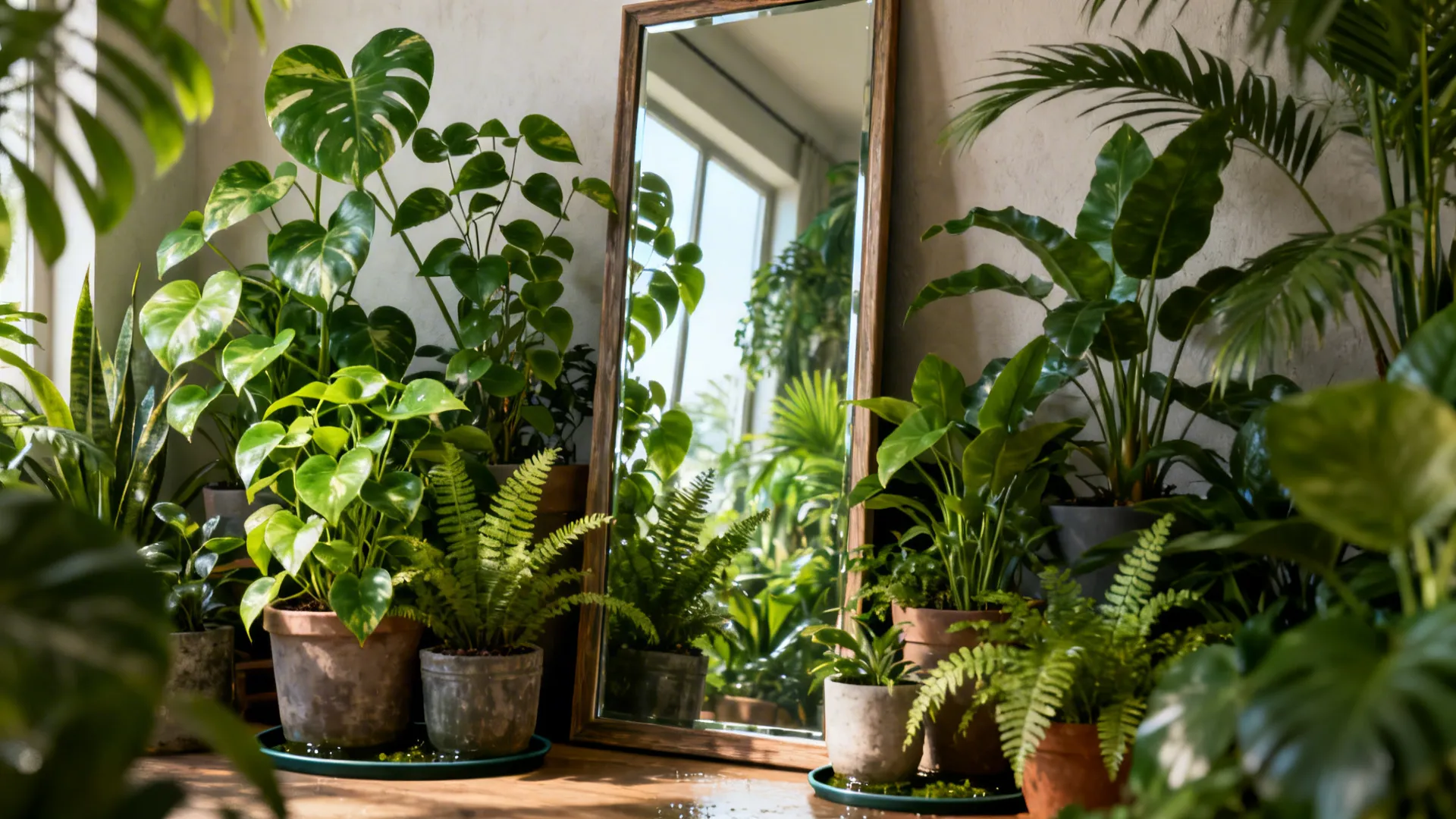 Floor mirror behind a grouping of houseplants creating the illusion of doubled greenery