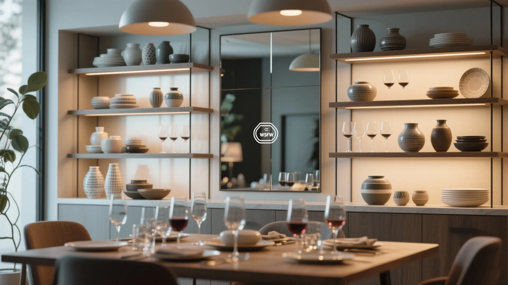 Dining area with wood shelves holding vases and mirror placed behind lit cabinet for decoration