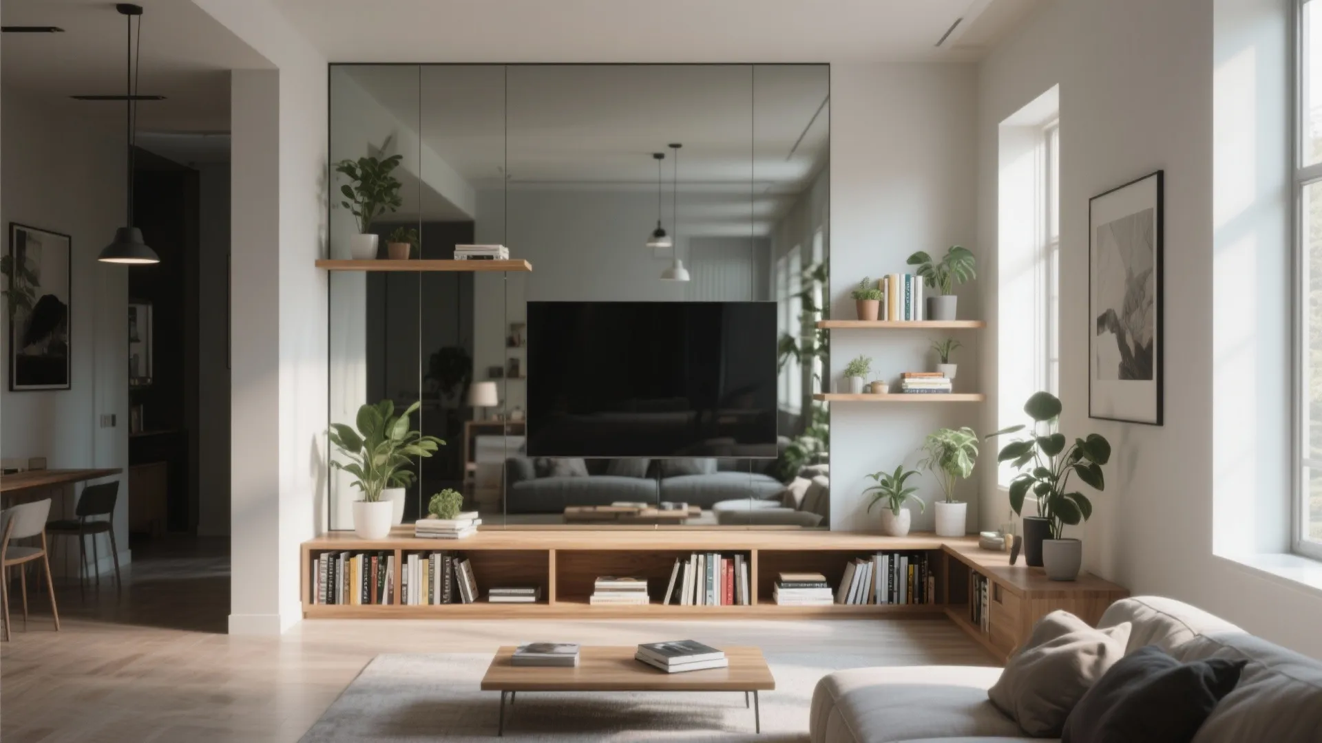 Modern living room with mirror wall behind television and wooden shelves holding several green plants