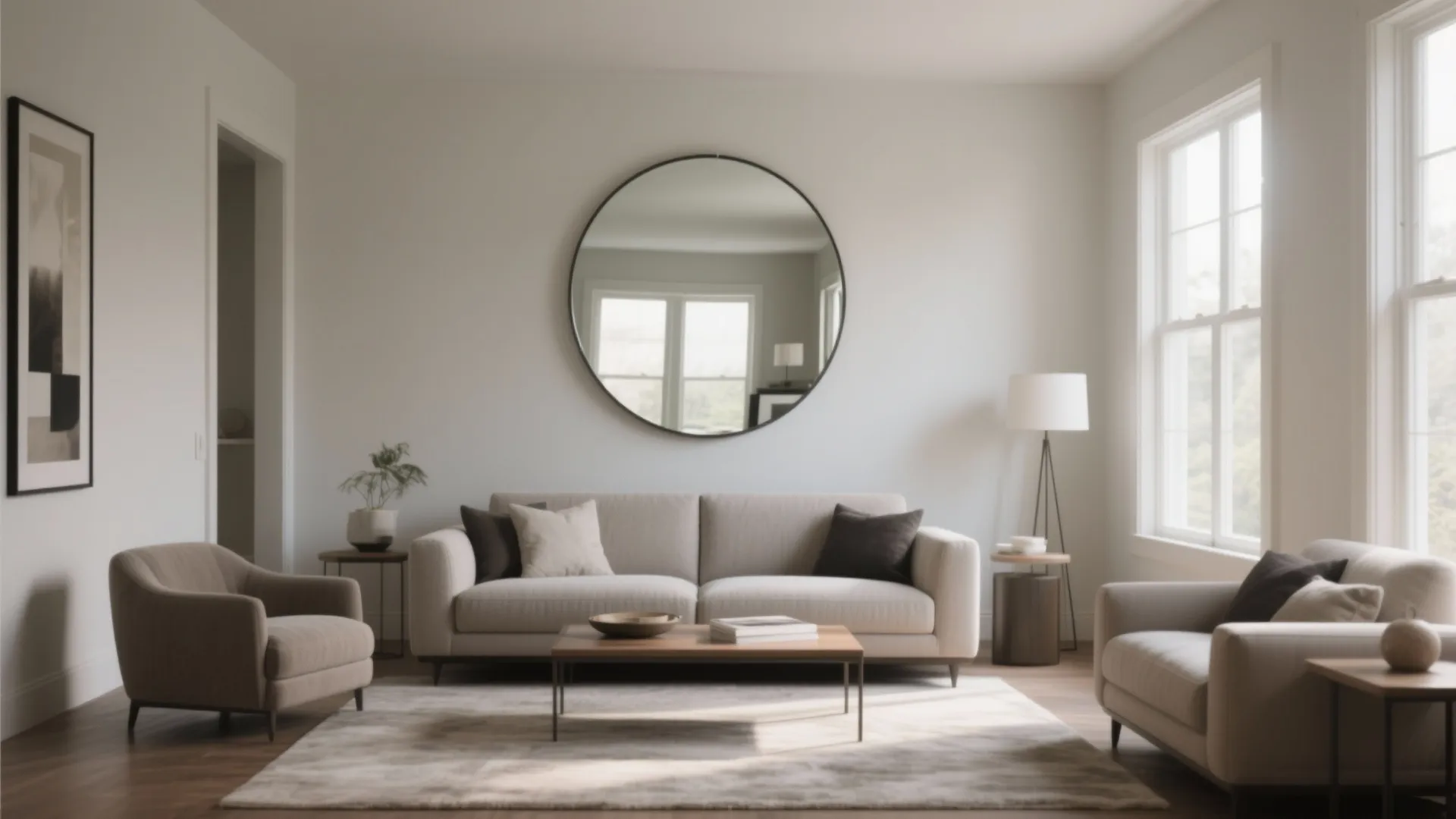 Living room with round mirror white sofa two armchairs wooden coffee table and large windows