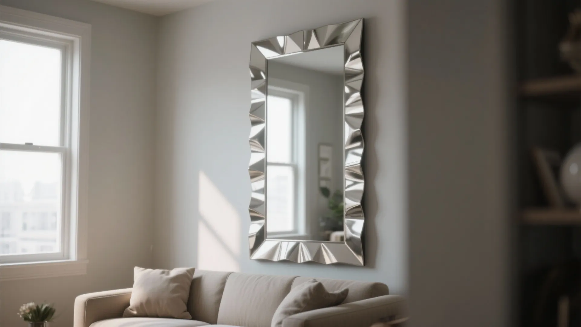 Mirror behind sofa reflecting window light in living room