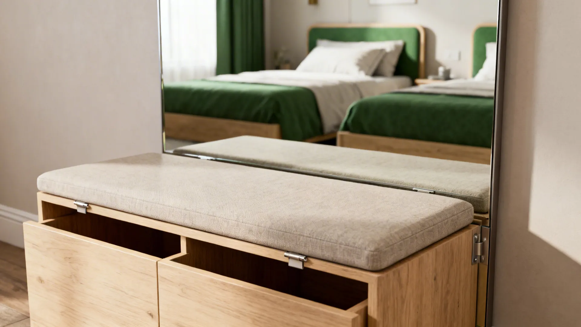 Wooden storage bench with beige cushion reflecting two green beds in a bright modern bedroom