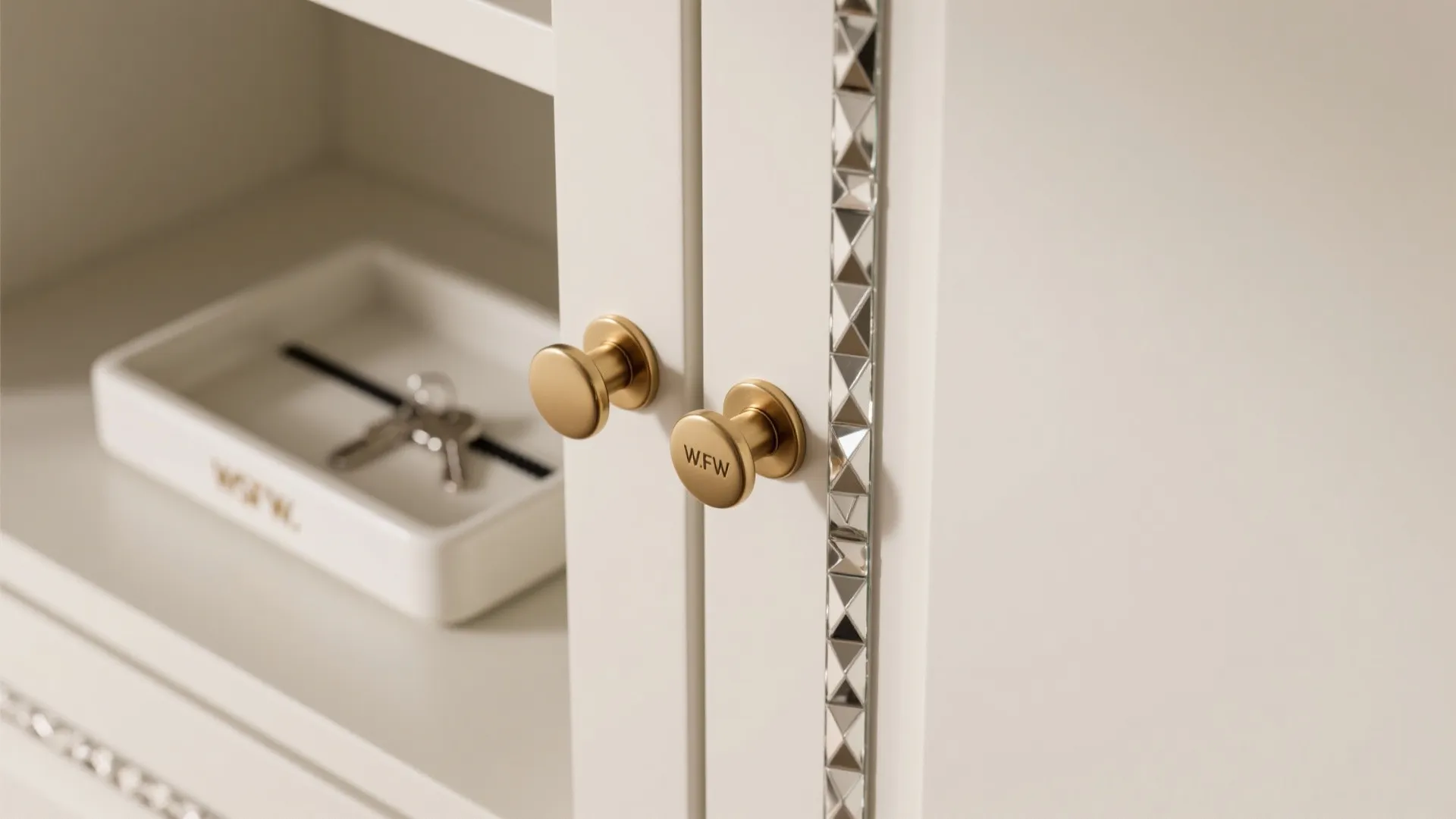 Beveled mirror edge and brass pull with a glimpse of organized key storage inside.
