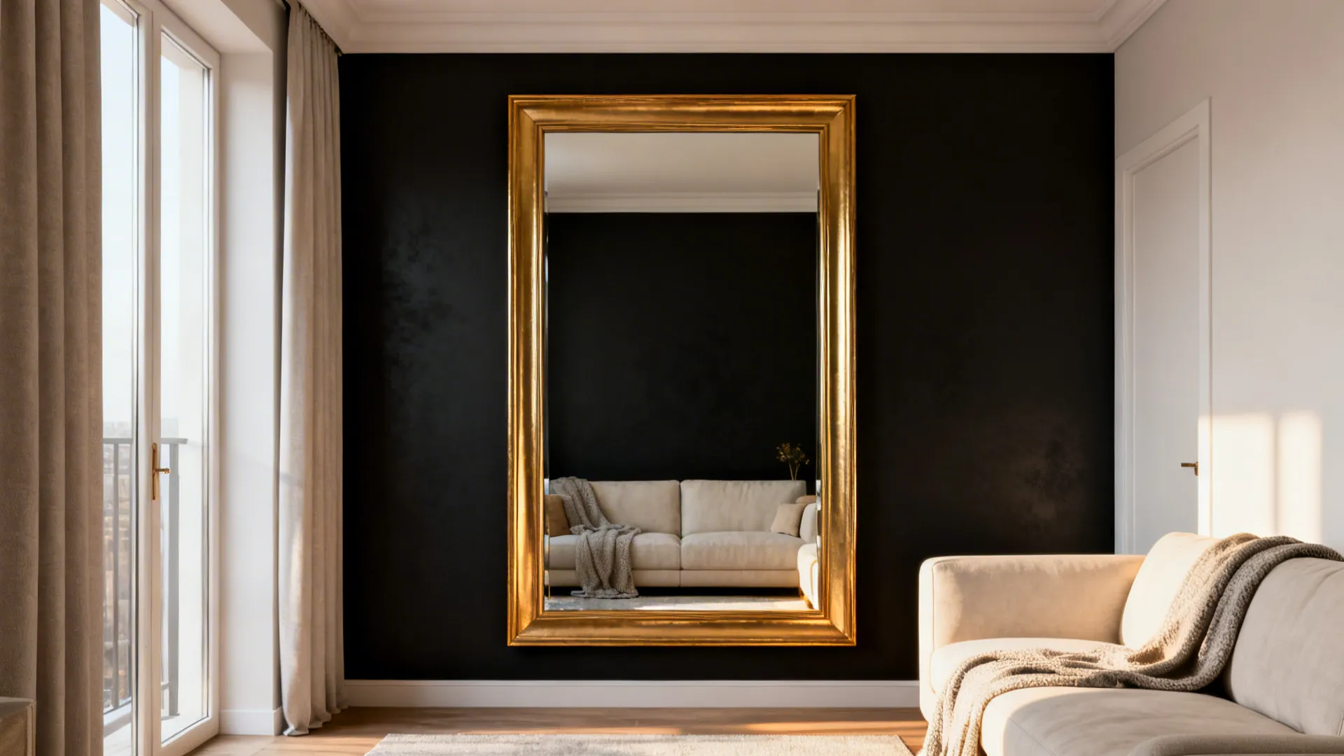 Small living room with a matte black accent wall and an oversized gold mirror reflecting light