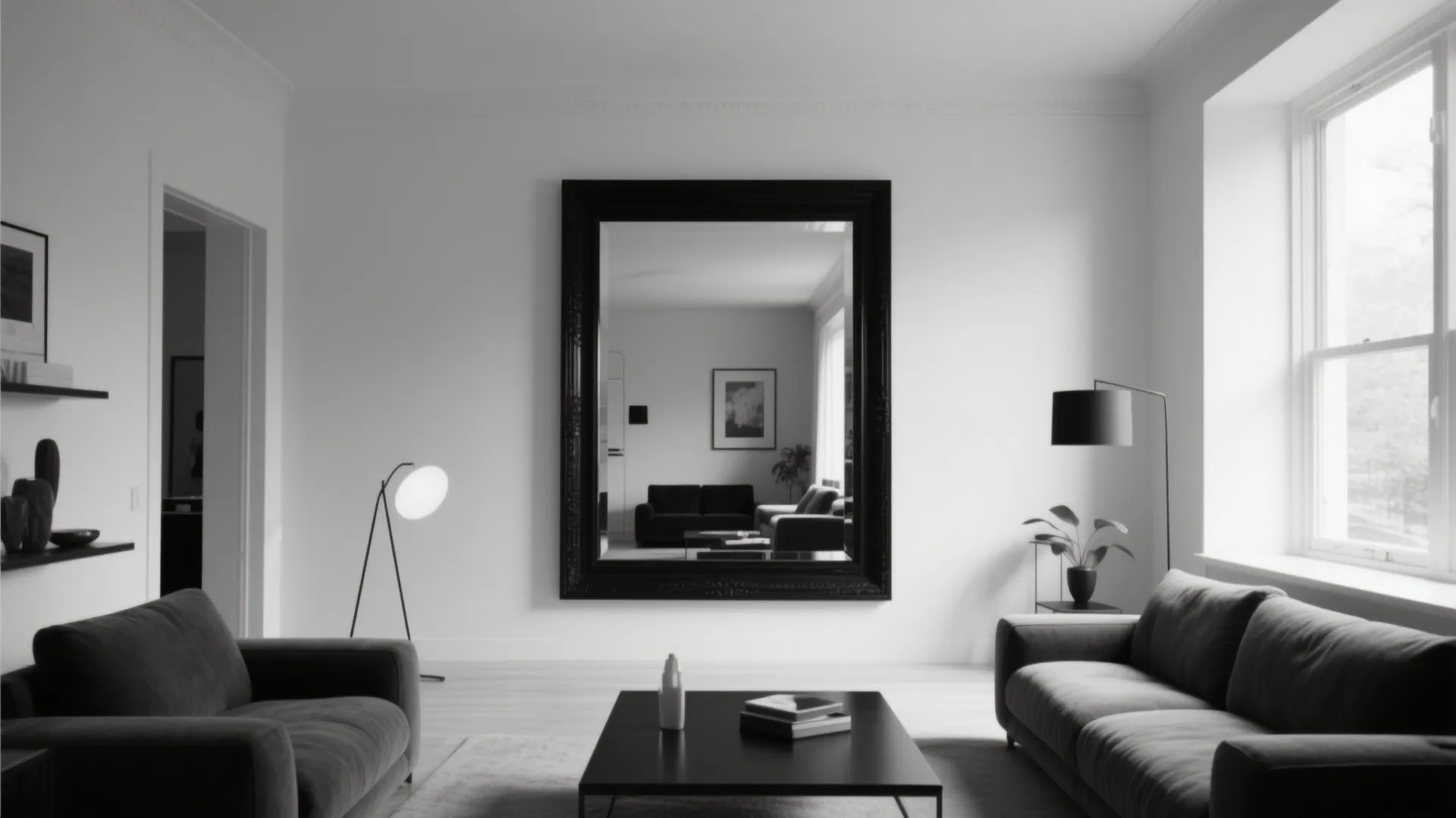Large mirror in black frame reflecting light in living room
