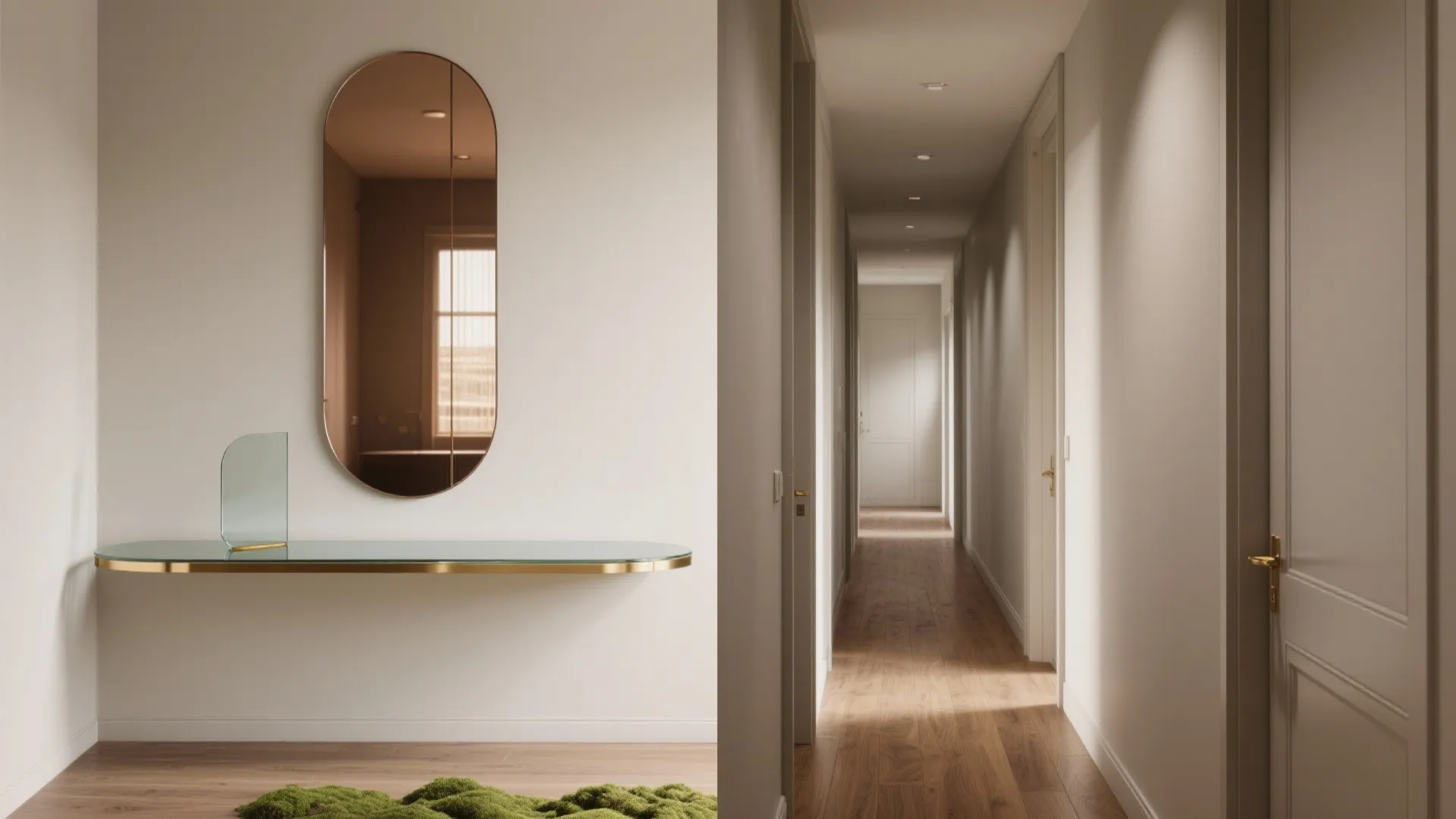 Before-and-after: narrow hallway gains light with a bronze-tinted frameless mirror and glass console top