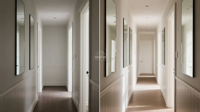 Elegant Hallway Design with Mirror Accent and Wainscoting