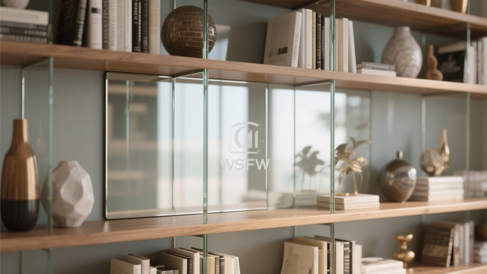 Wooden wall bookshelf with glass dividers holding many books and decorative vases with a central mirror