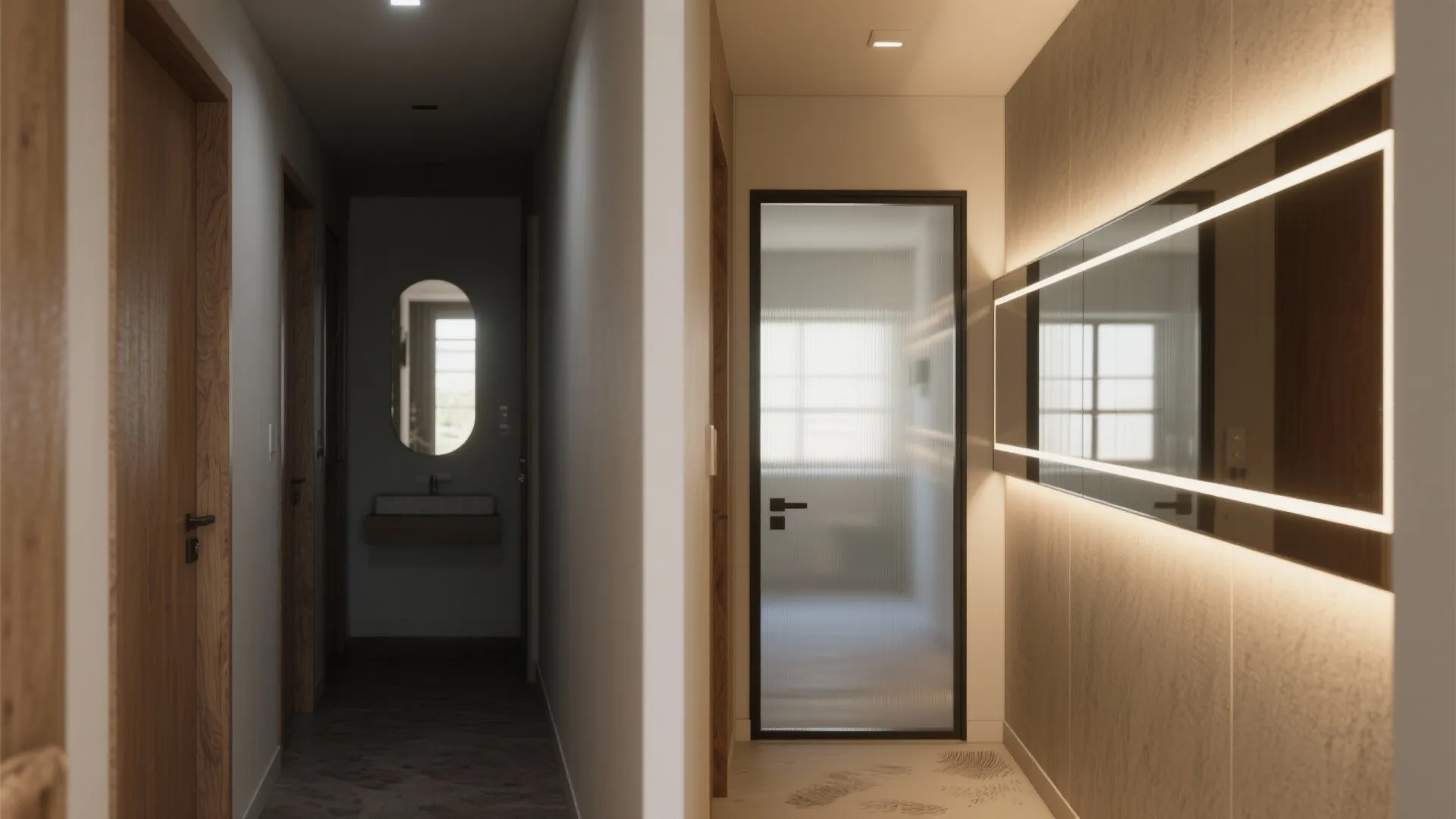 Narrow hallway interior design showing illuminated wall mirror wooden doors and a small sink area