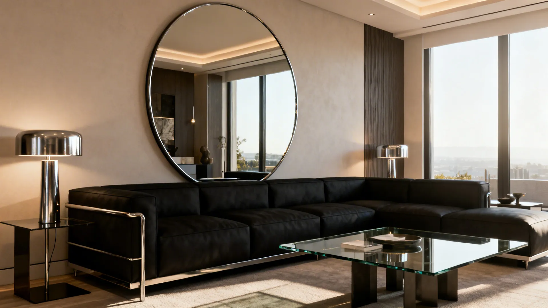 Black sectional with large round mirror, glass coffee table and metallic lamps increasing room depth