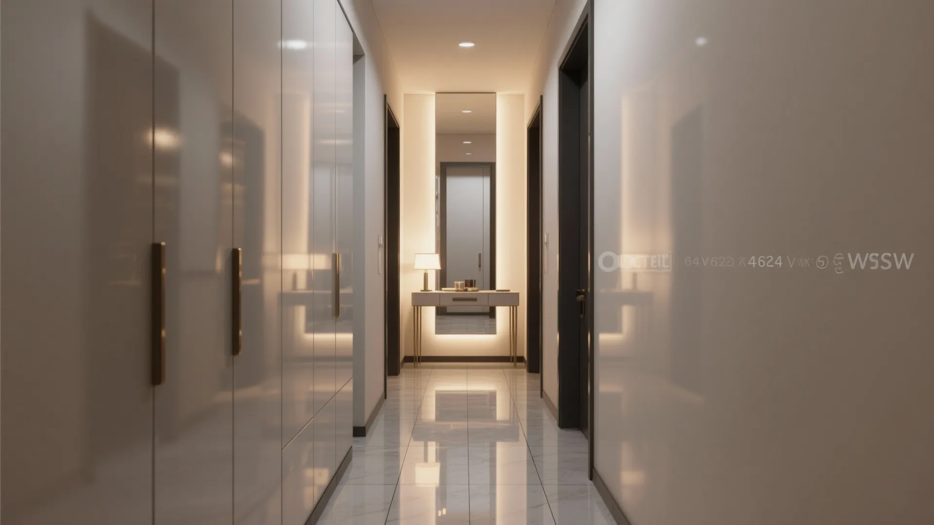Modern hallway interior design drawing with large white cabinets mirror table lamp and marble floor