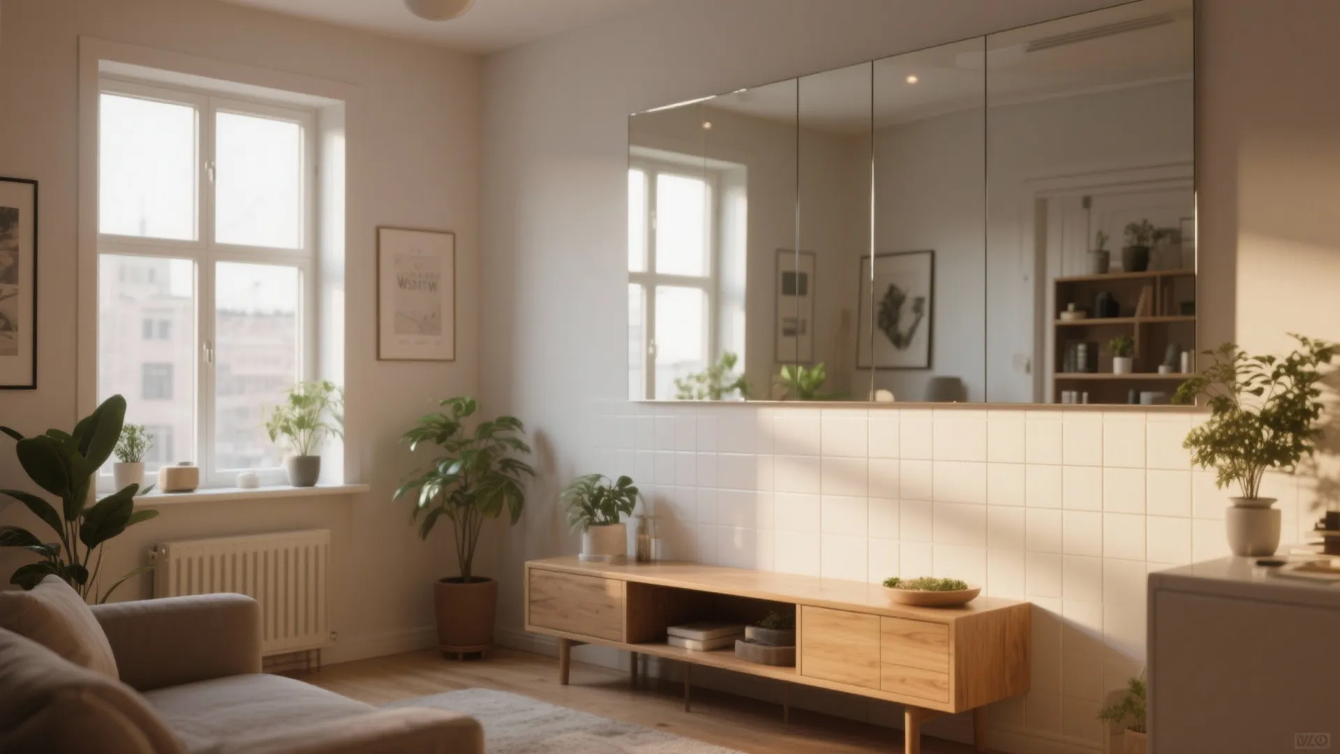 Small room with a mirror opposite a window and satin-painted walls reflecting daylight to amplify brightness.