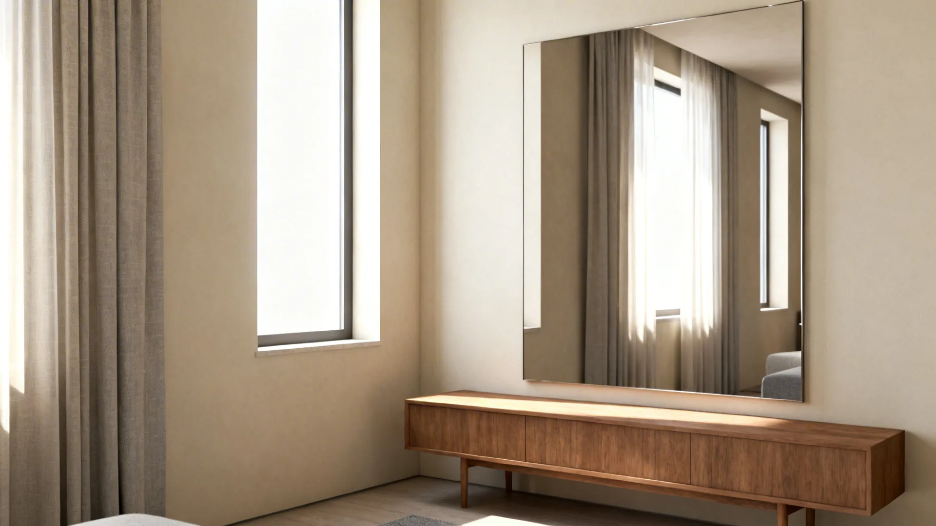 Large wall mirror reflecting windows and curtains above a wooden cabinet in a bright room