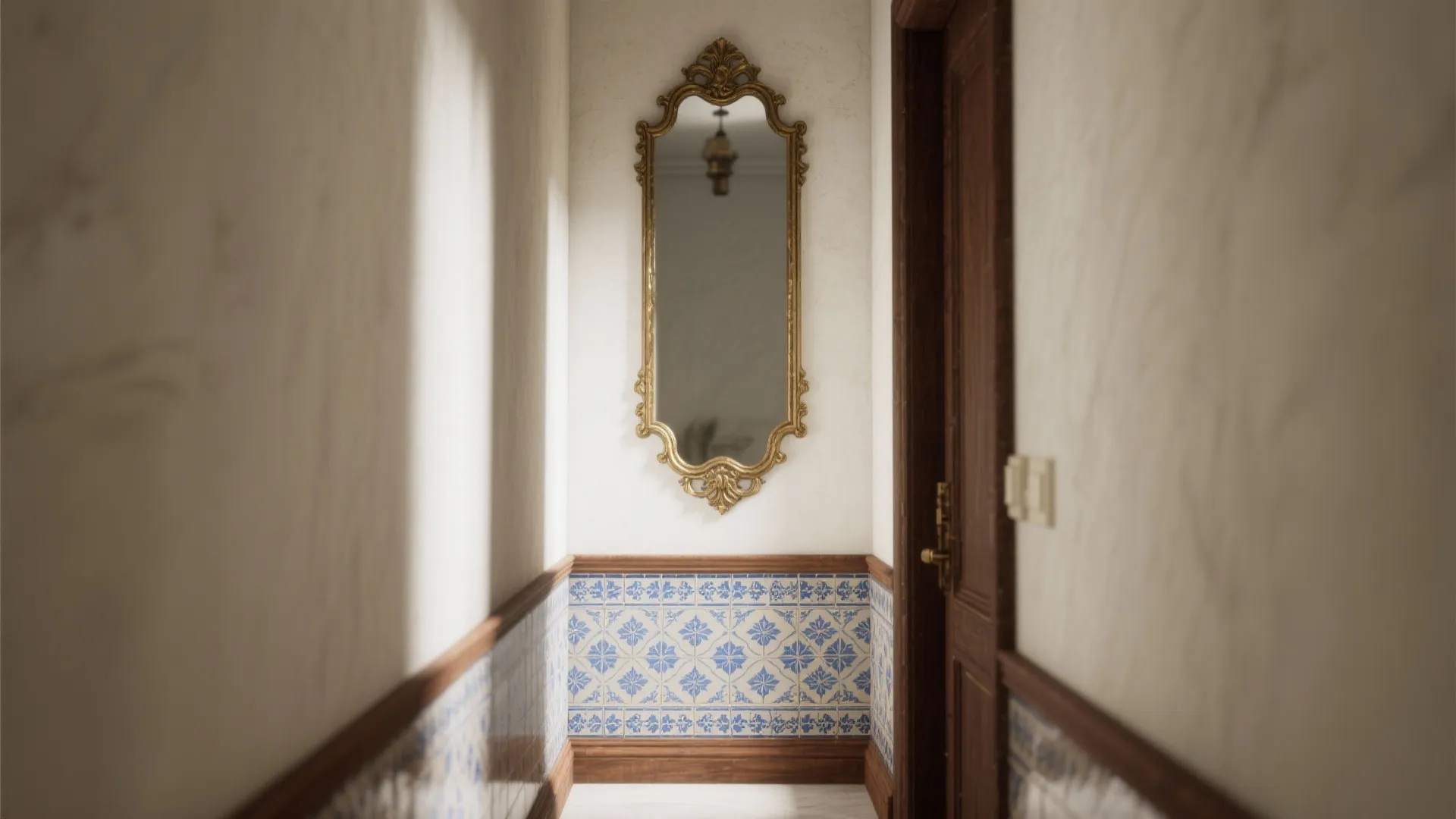 Narrow hallway with blue patterned wall tiles a golden mirror and a dark wood door