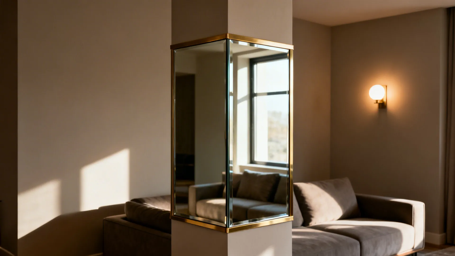 Square column with partial low-iron mirror panels and slim brass trims reflecting soft light.