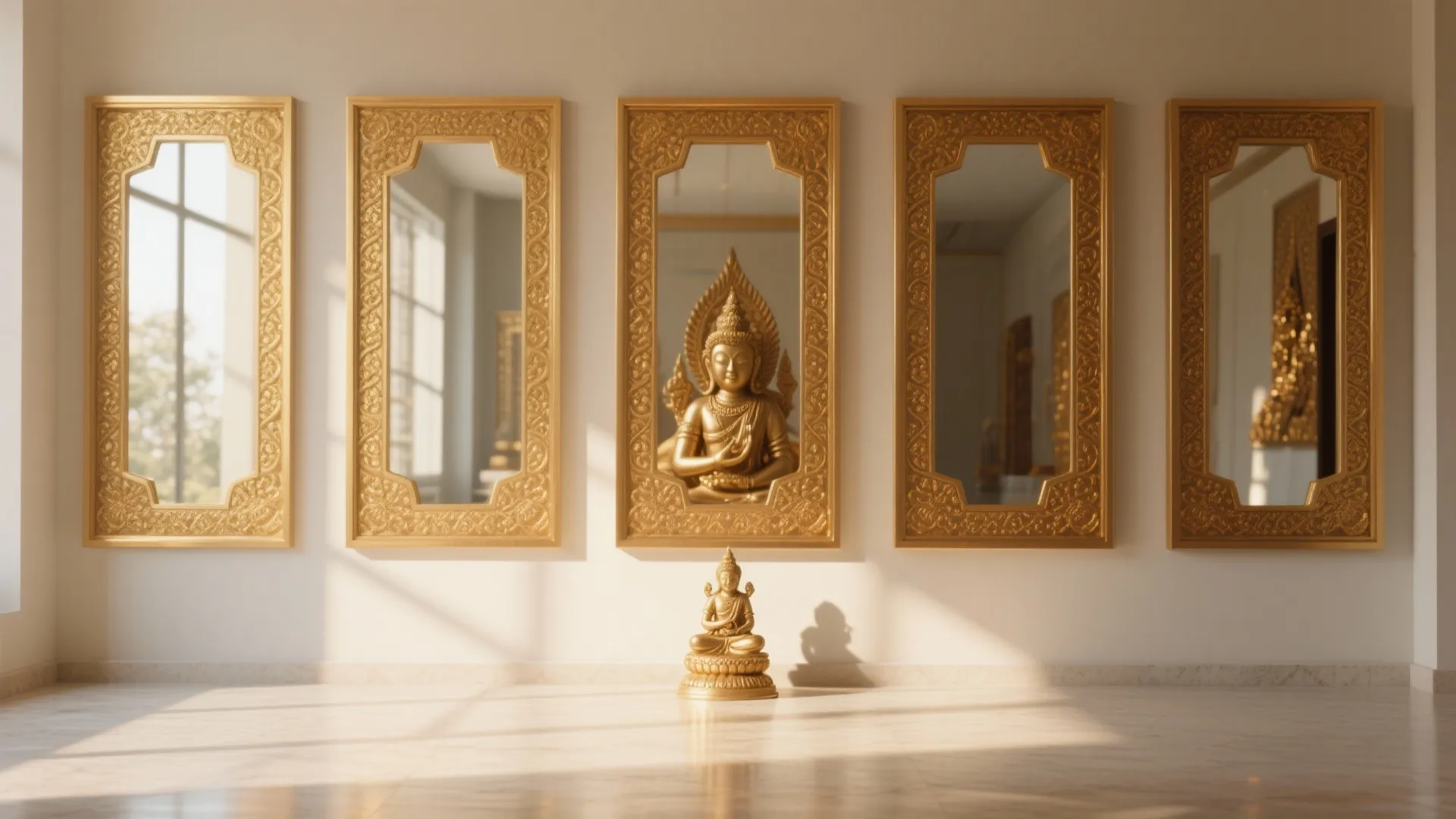 Five gold framed mirrors on a white wall with a small golden statue on the floor