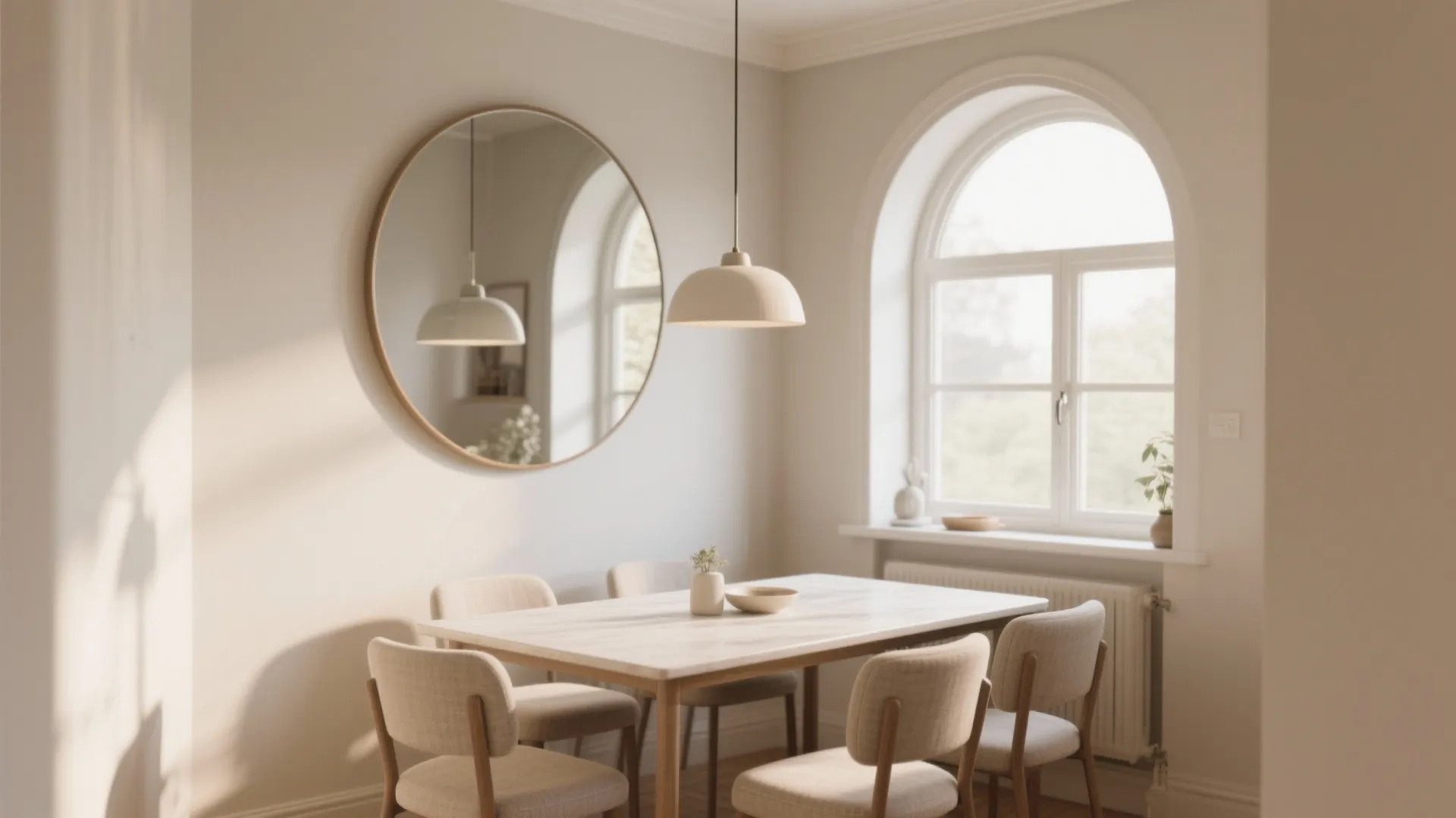Modern dining room with round wall mirror cream chairs marble table white ceiling light and window
