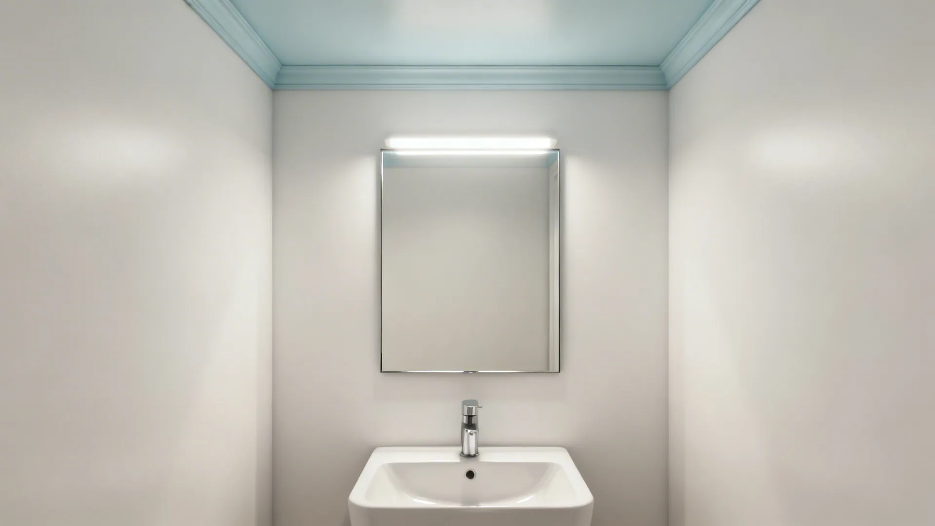Light-painted bathroom wall with a slim frameless mirror and minimal trim.