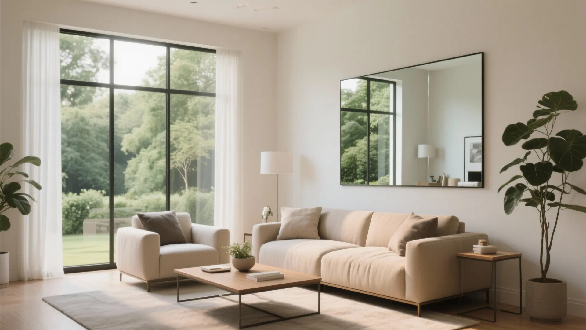 Bright living room with large windows a beige sofa wooden coffee table and wall mirror