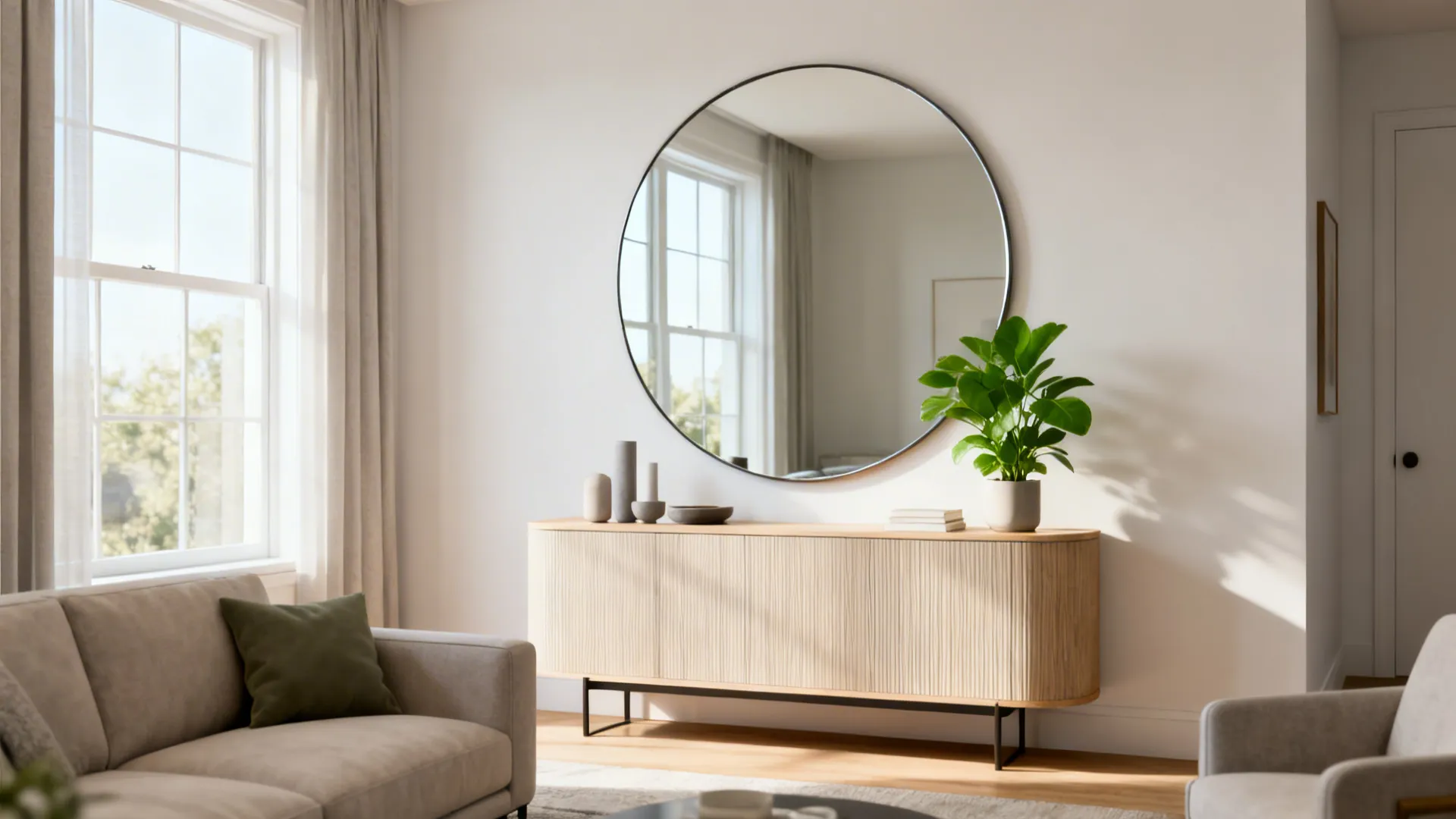 Oversized round mirror reflecting daylight to expand a small living room