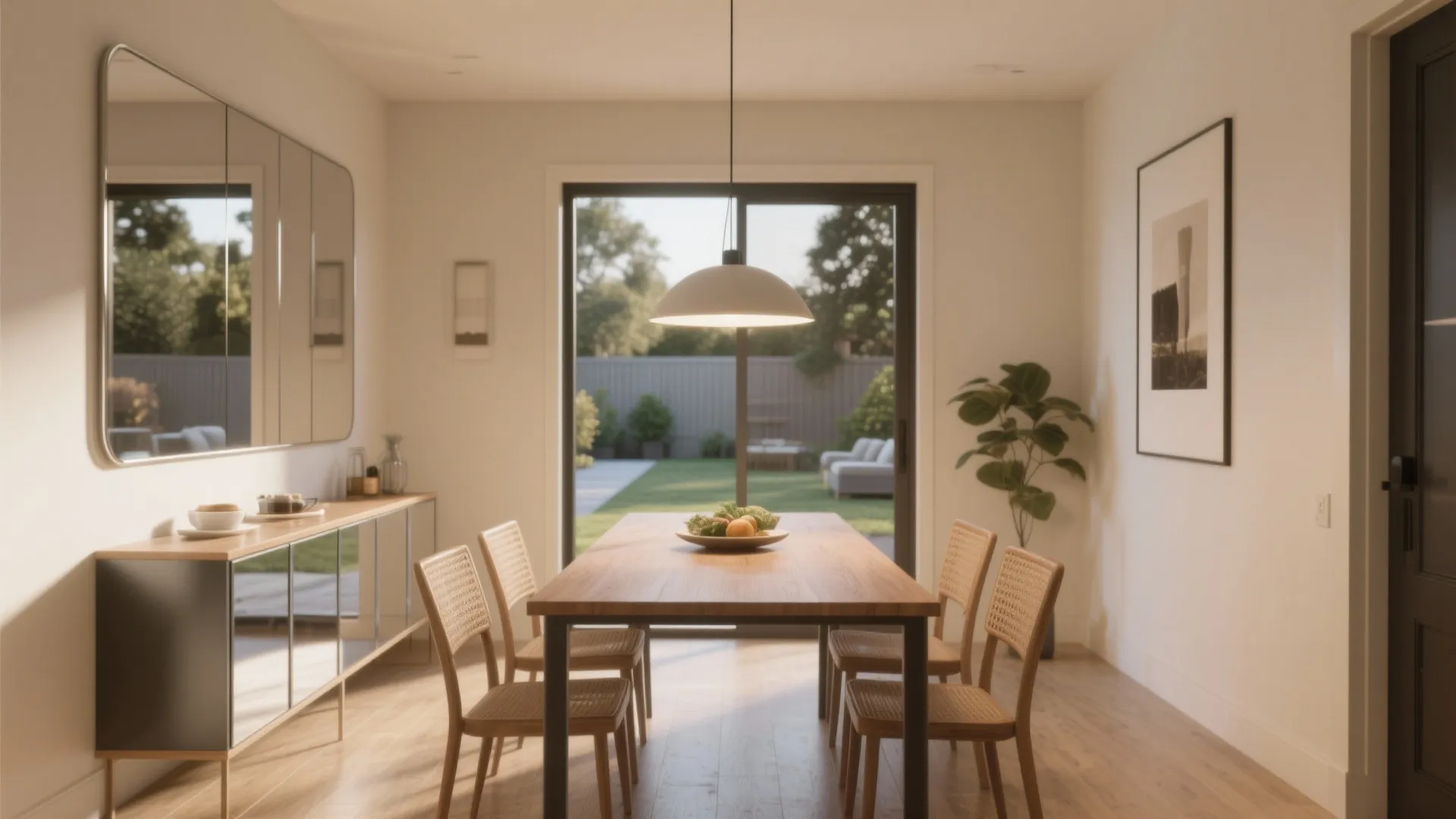 5. Light, mirror, and a slim buffet to push the back room farther