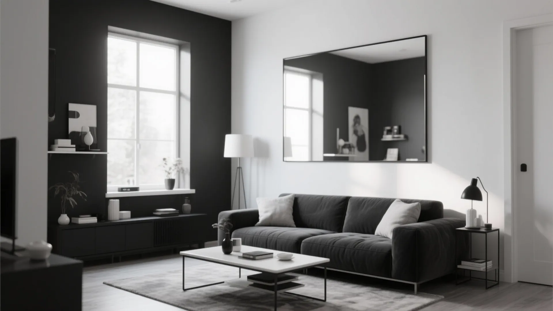 Black and white interior design living room with sofa large mirror wall light and cabinet