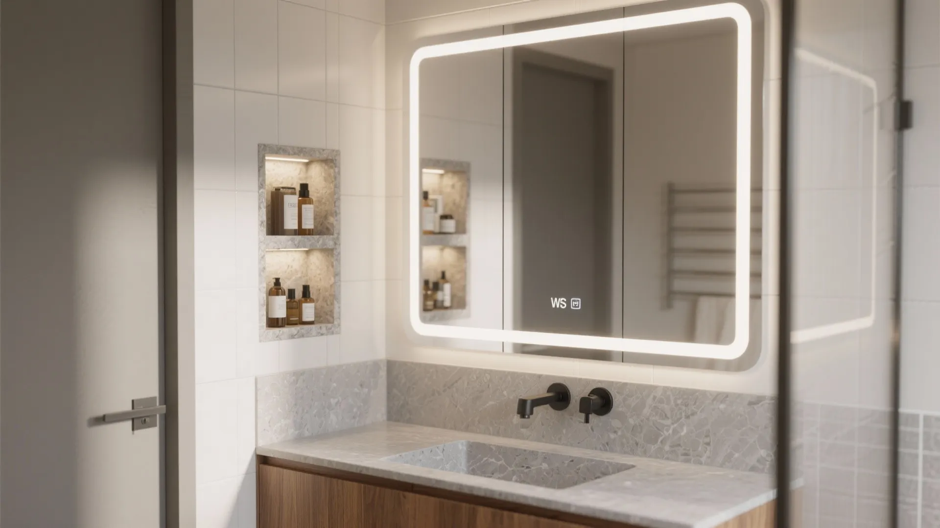 Modern bathroom vanity featuring illuminated mirror and wall shelf with small bottles and marble sink