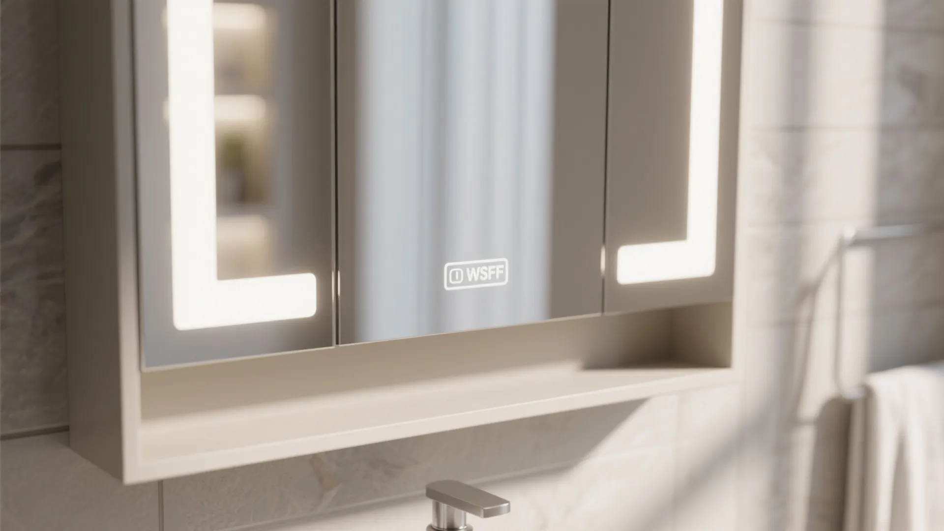 Shallow mirrored cabinet reflecting light in bathroom