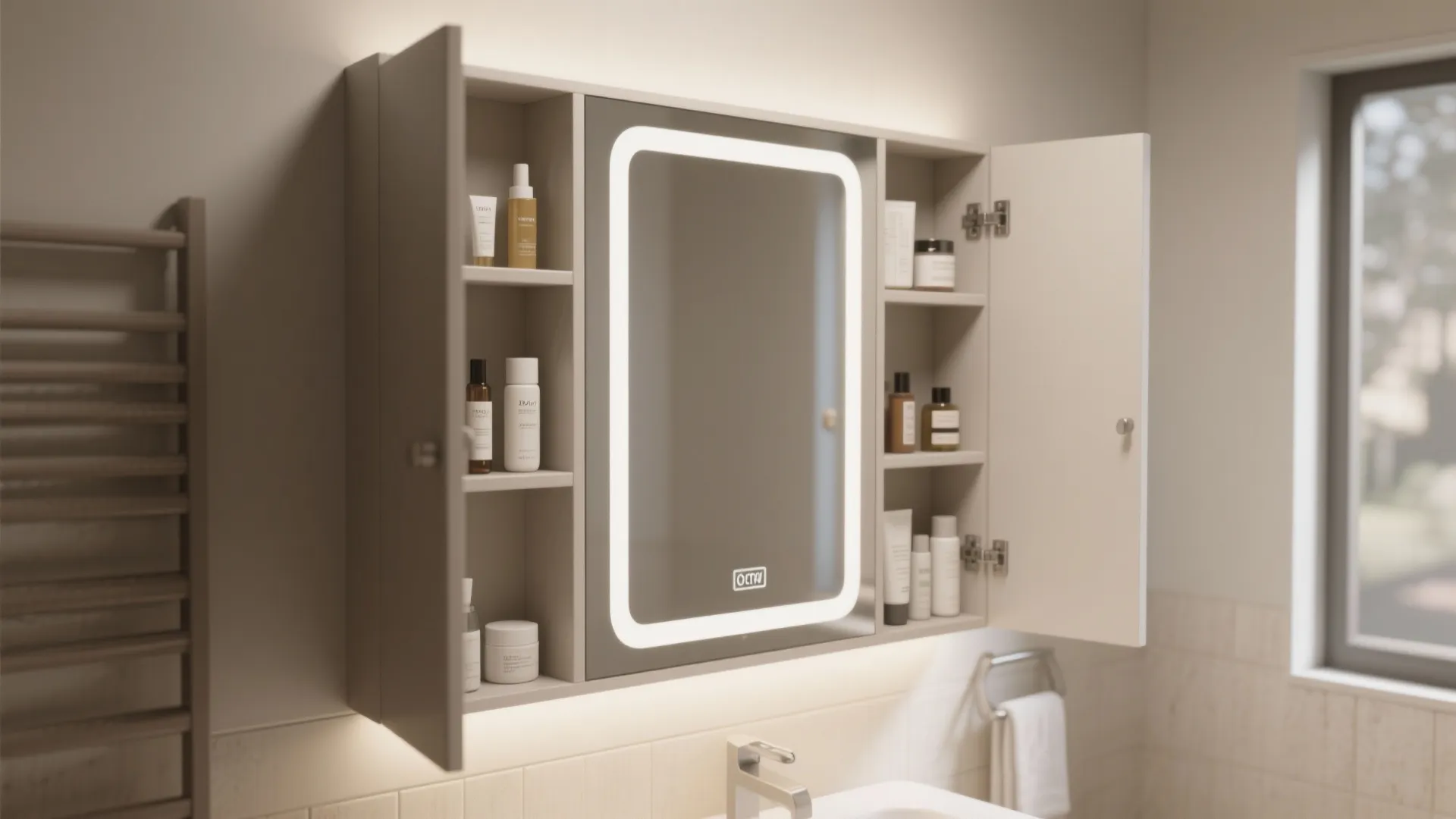 Modern bathroom wall cabinet with lighted mirror open doors and shelves holding various skincare products