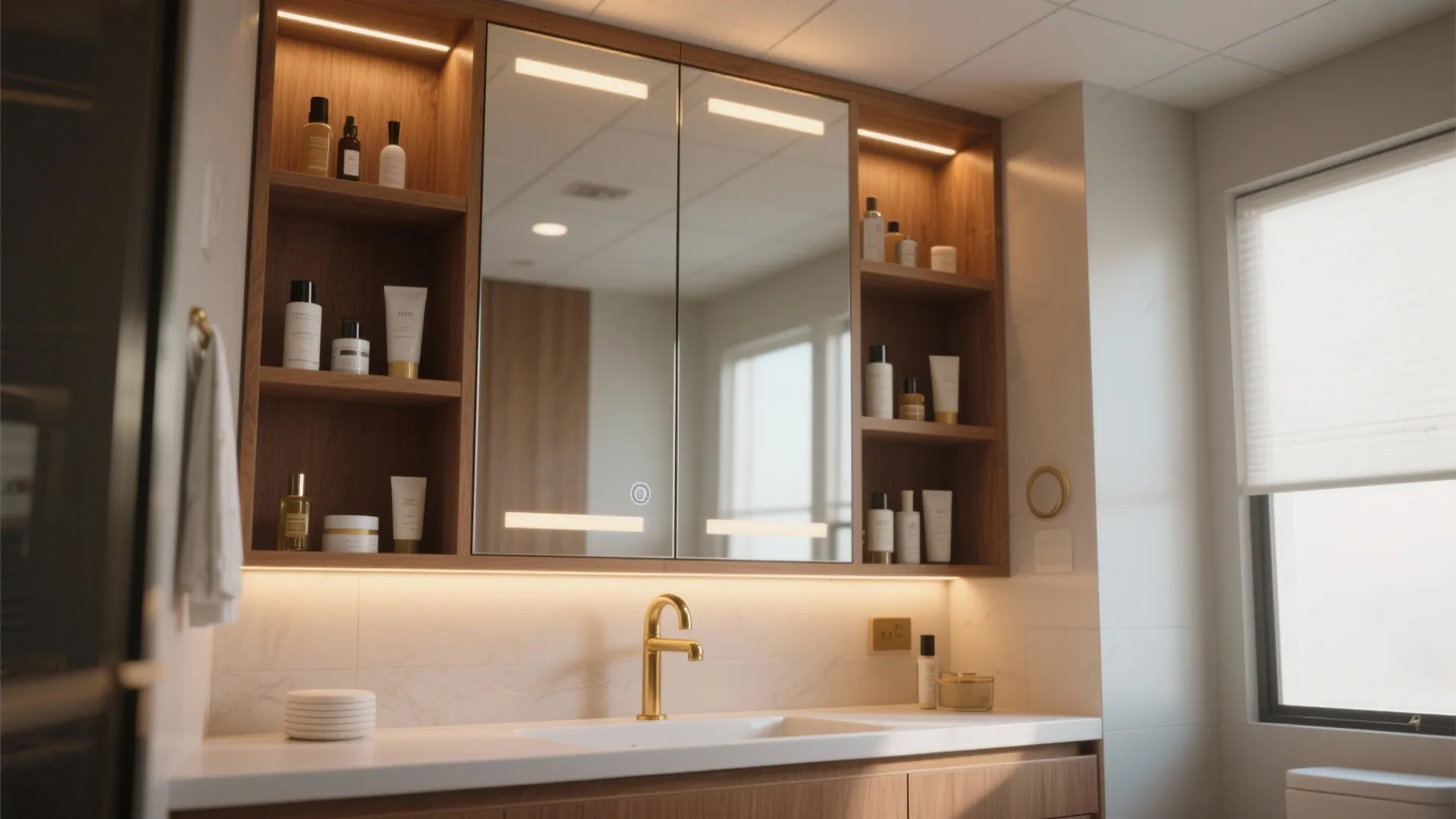 Modern bathroom cabinet with wood shelving and large mirror doors featuring built in lighting design