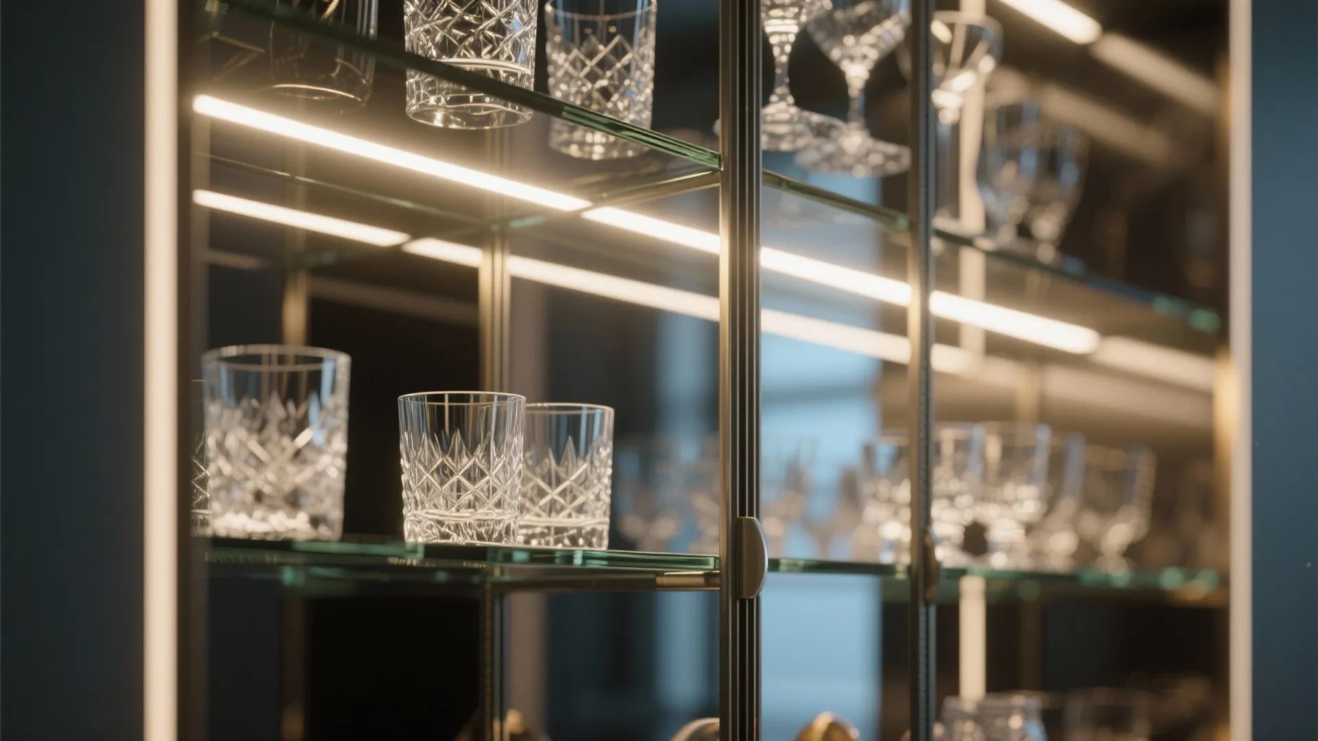 Mirror-backed glass-front cabinet reflecting light with integrated LED strip and displayed glassware.