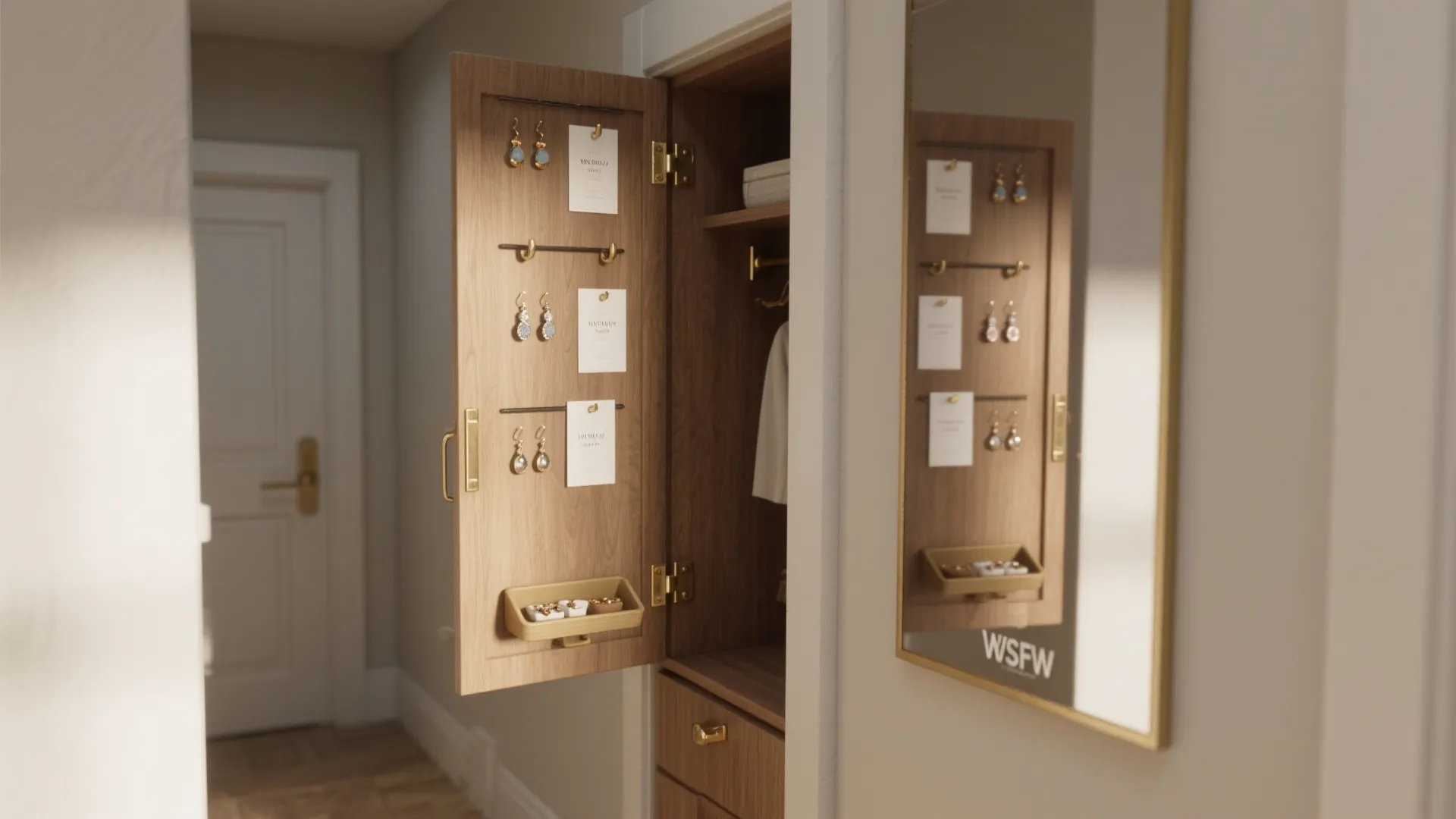 Open wooden cabinet door with hooks for earrings and small trays for jewelry storage organization