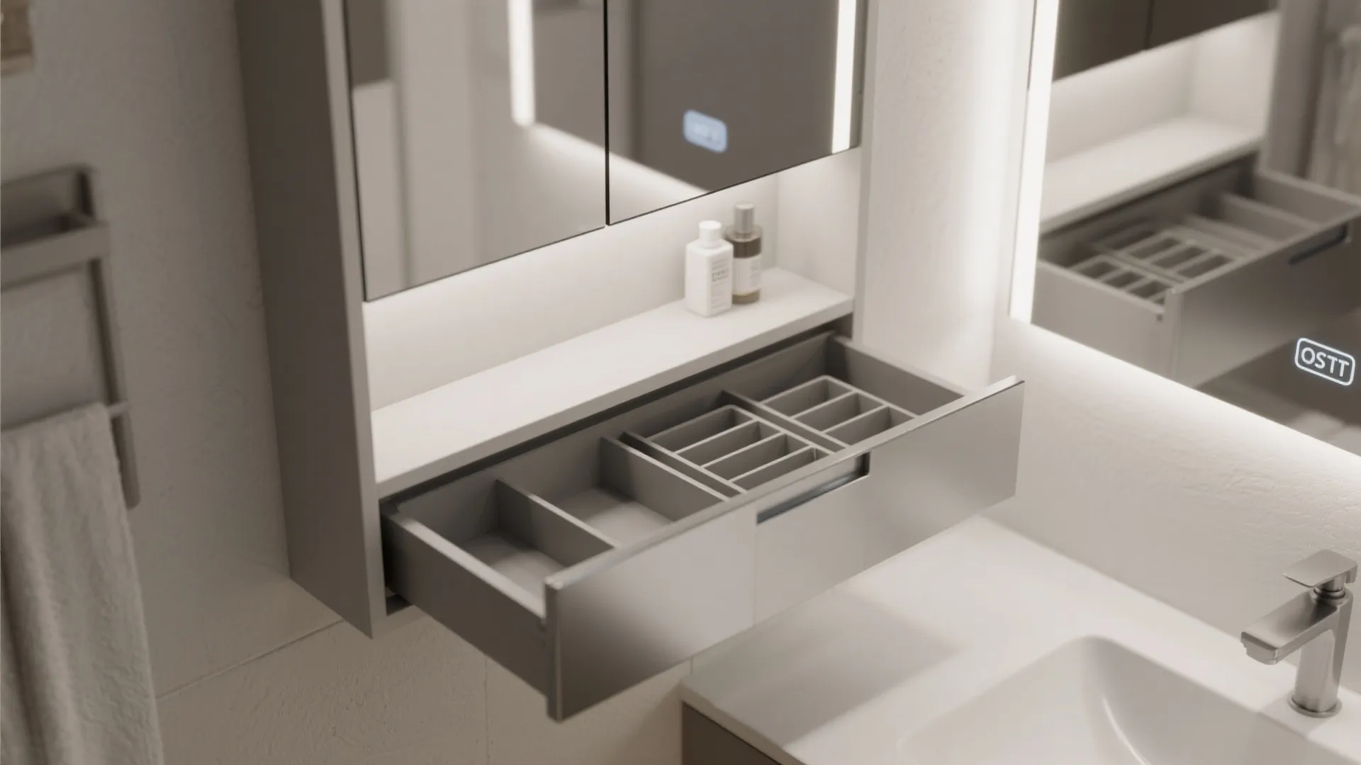Modern bathroom mirror cabinet with open drawer storage, small bottles, white sink, and metal tap