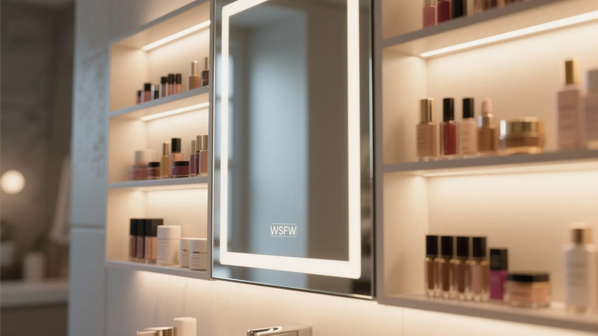 Shallow mirrored cabinet with integrated LED perimeter lighting and visible shallow shelves for cosmetics.