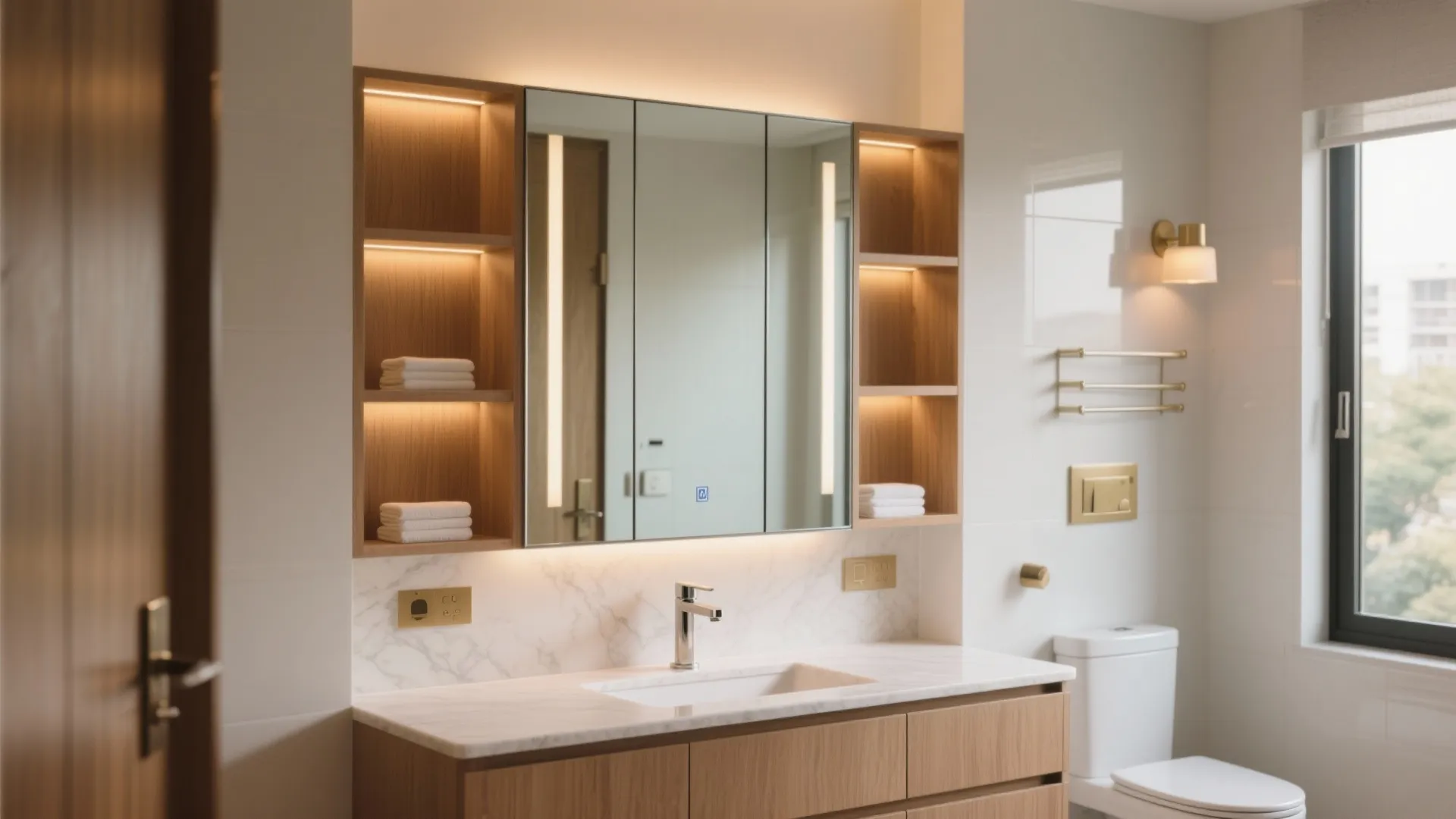 Mirror Cabinets, Vertical Storage, and Soft Lighting